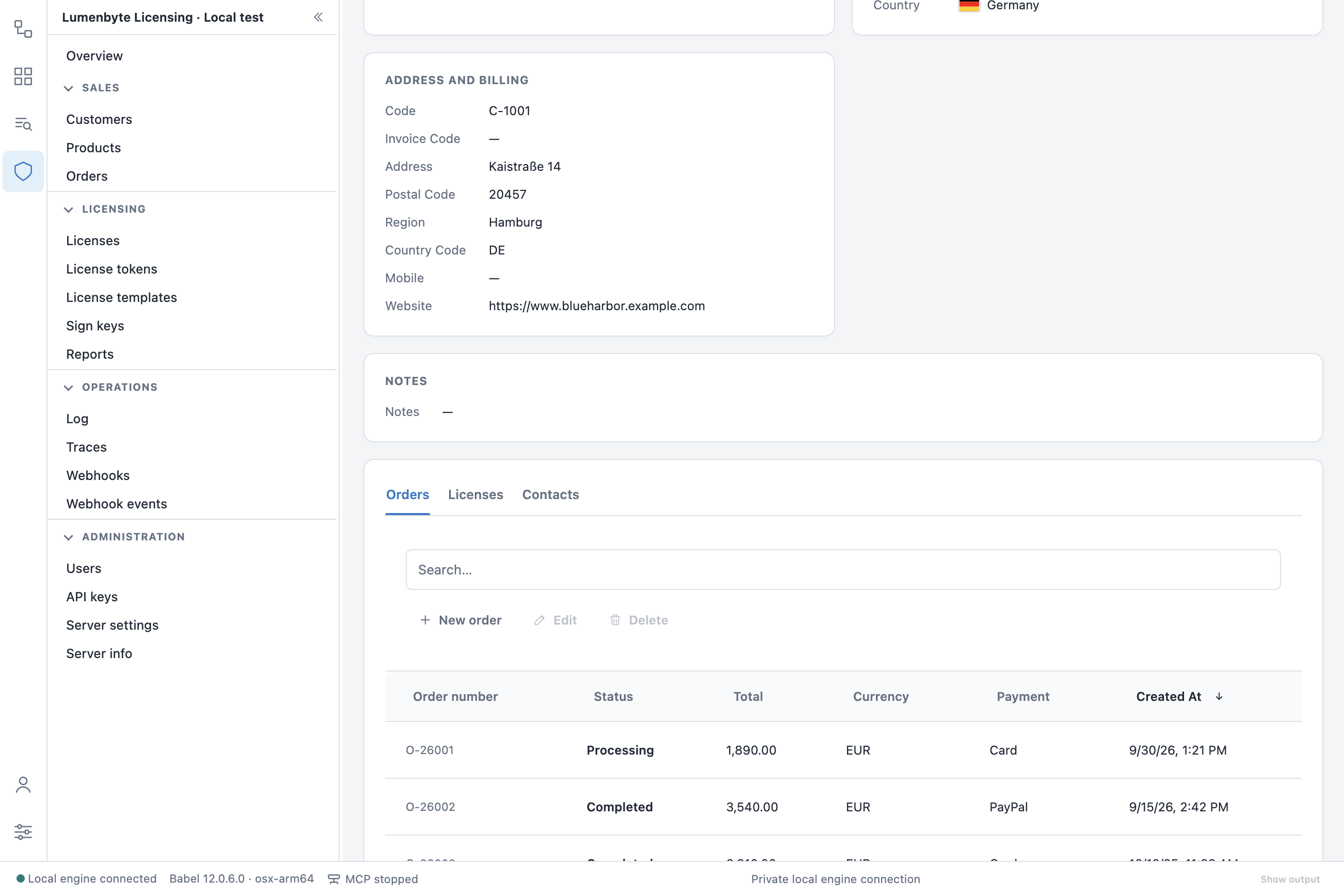 Customer detail of Blue Harbor Automation GmbH scrolled to the Address and billing and Notes cards, with the Orders, Licenses and Contacts tabs below: the Orders tab lists the orders of the customer with their status, total and payment, and has its own New order, Edit and Delete buttons