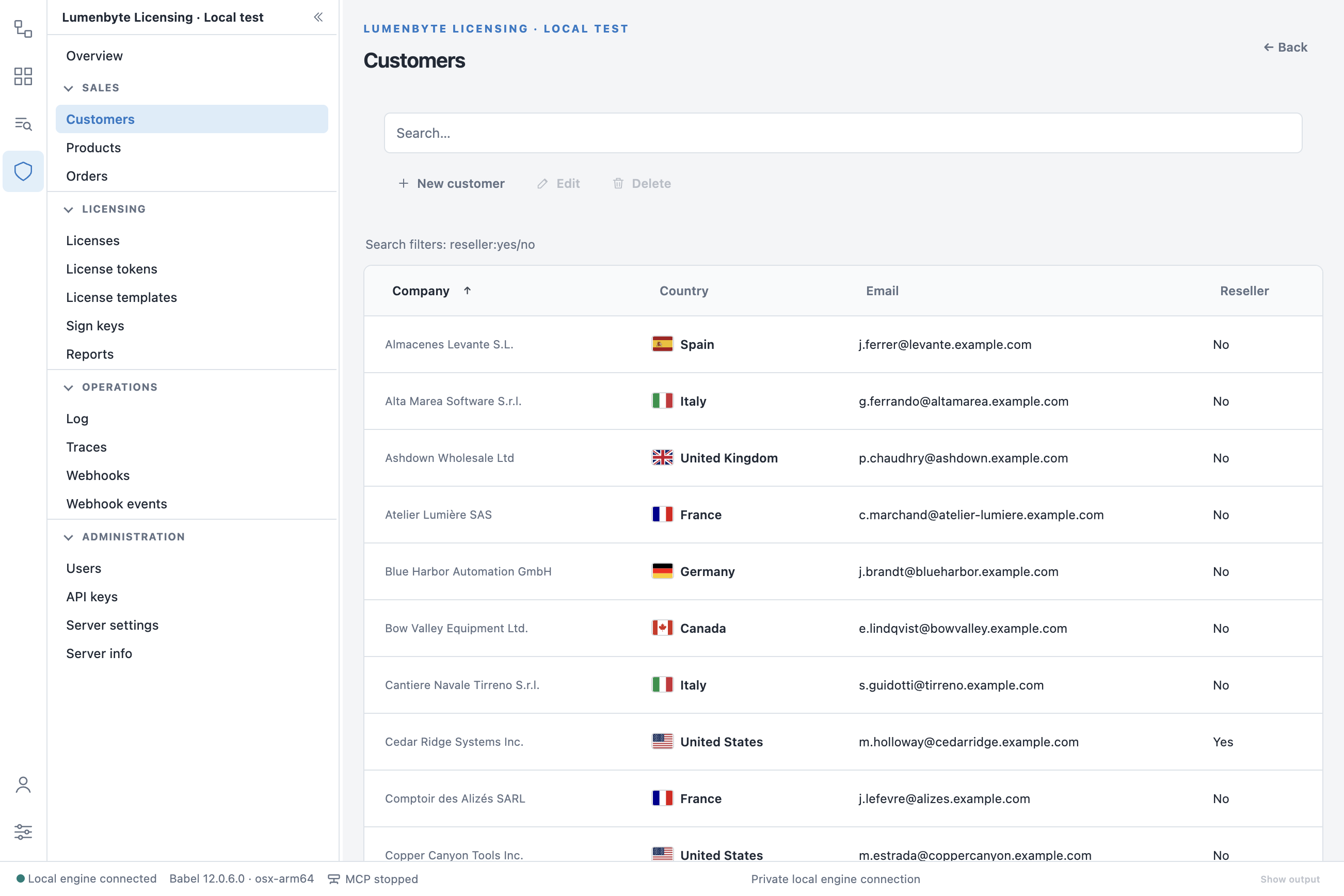 Customers list: the search box, the New customer, Edit and Delete toolbar buttons, the reseller:yes/no filter hint and the Company, Country with flags, Email and Reseller columns