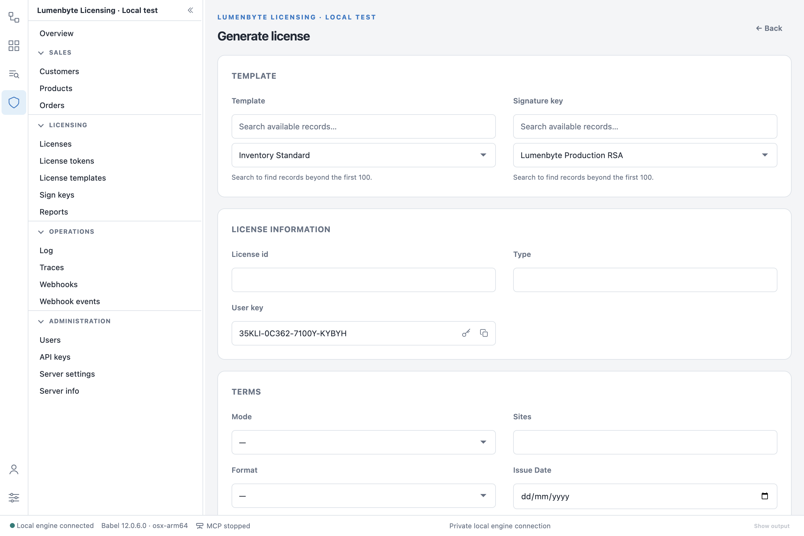 Generate license form with the template Inventory Standard and the signature key Lumenbyte Production RSA selected, the License information group with license id, type and a generated user key with its generate and copy buttons, and the start of the Terms group with mode, sites, format and issue date