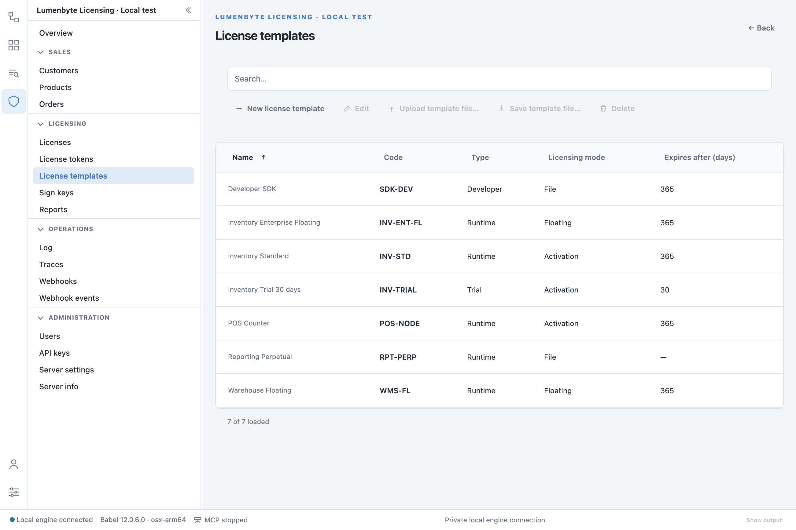 License templates list with name, code, type, licensing mode (File, Activation, Floating) and expires after days columns, and the New license template, Edit, Upload template file, Save template file and Delete buttons