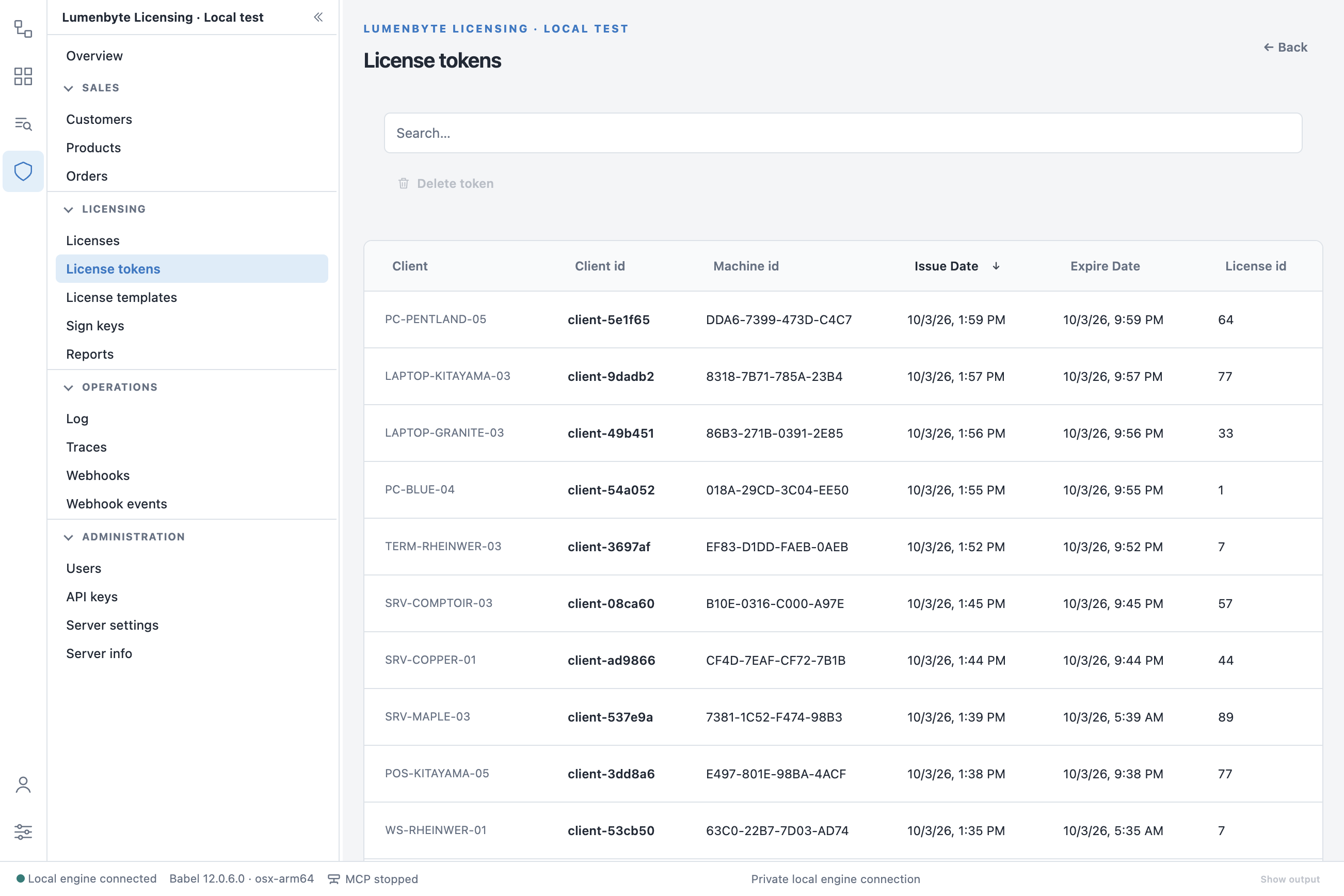 License tokens list with client, client id, machine id, issue and expire date and license id columns, and the Delete token button