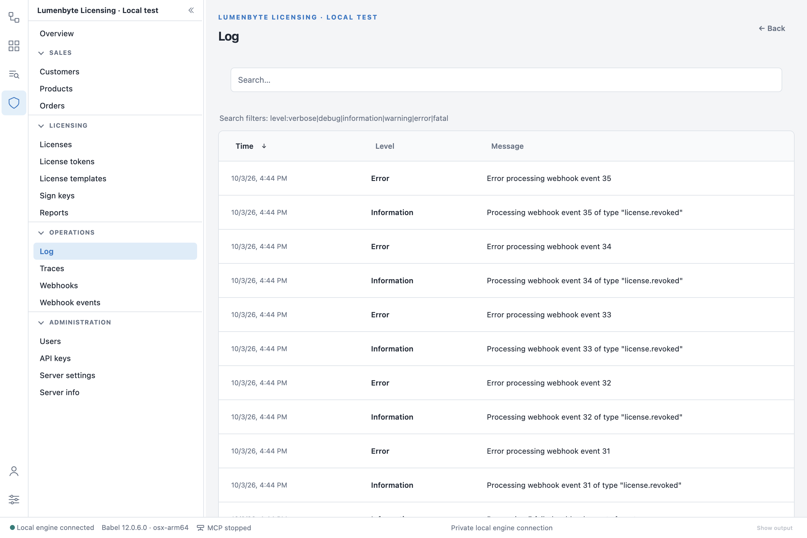 Log view with the time, level and message columns, the latest entries of the service, and the level filter hint verbose, debug, information, warning, error, fatal