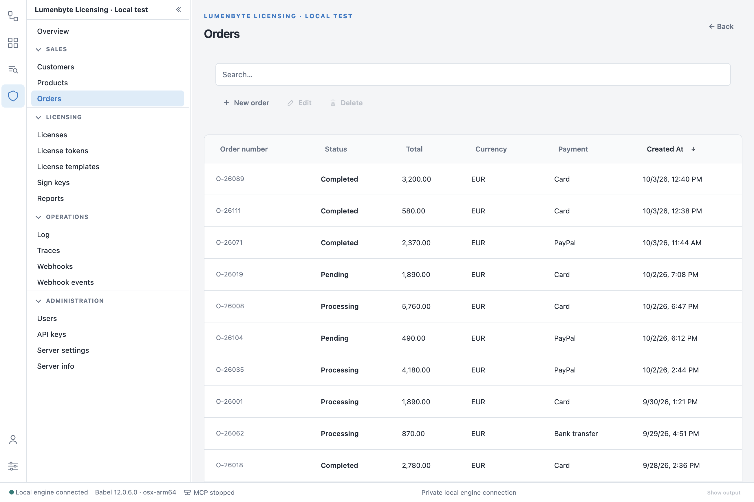 Orders list with order number, status (Pending, Processing, Completed, Refunded), total, currency, payment and creation date, sorted with the newest order first