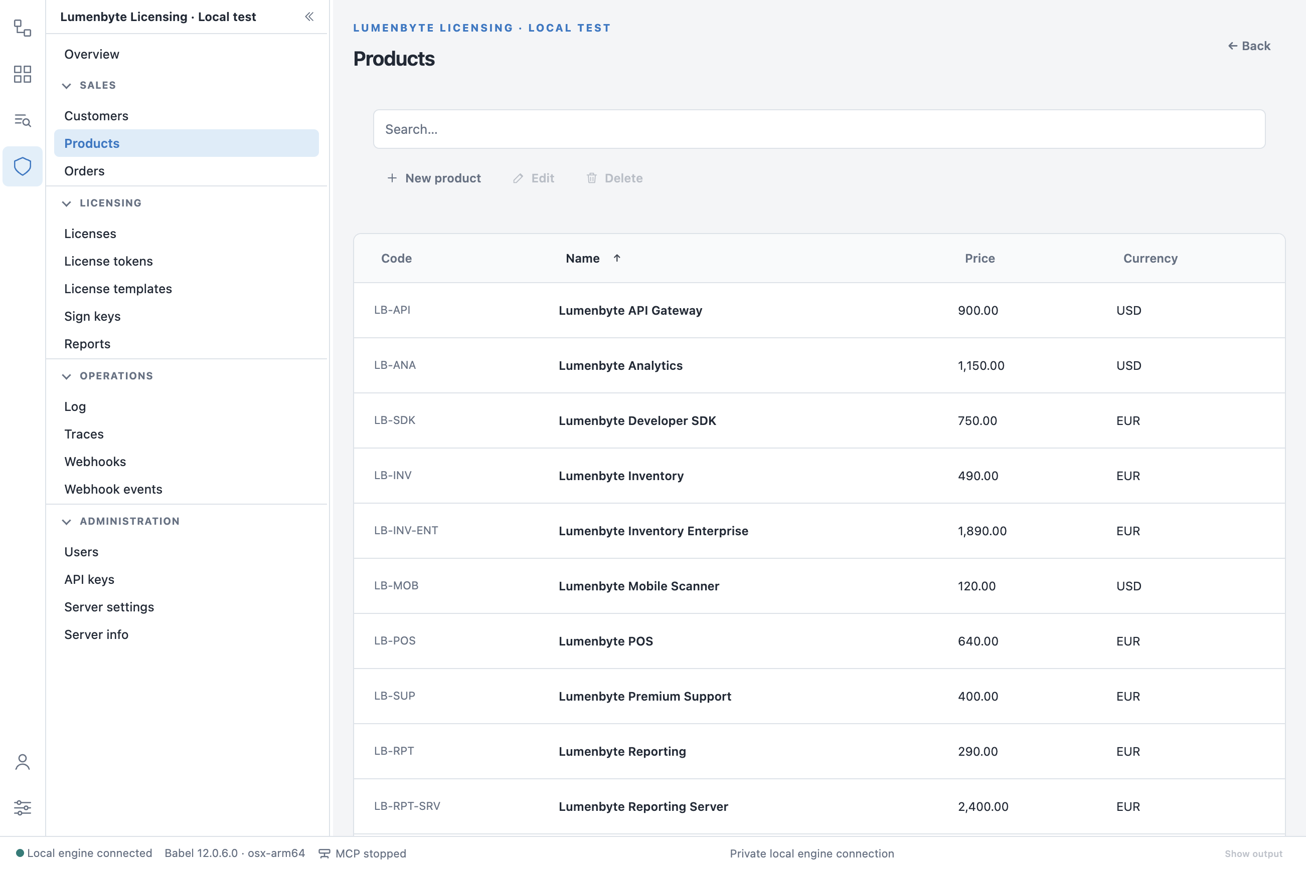 Products list with the code, name, price and currency of twelve fictional Lumenbyte products, and the New product, Edit and Delete buttons