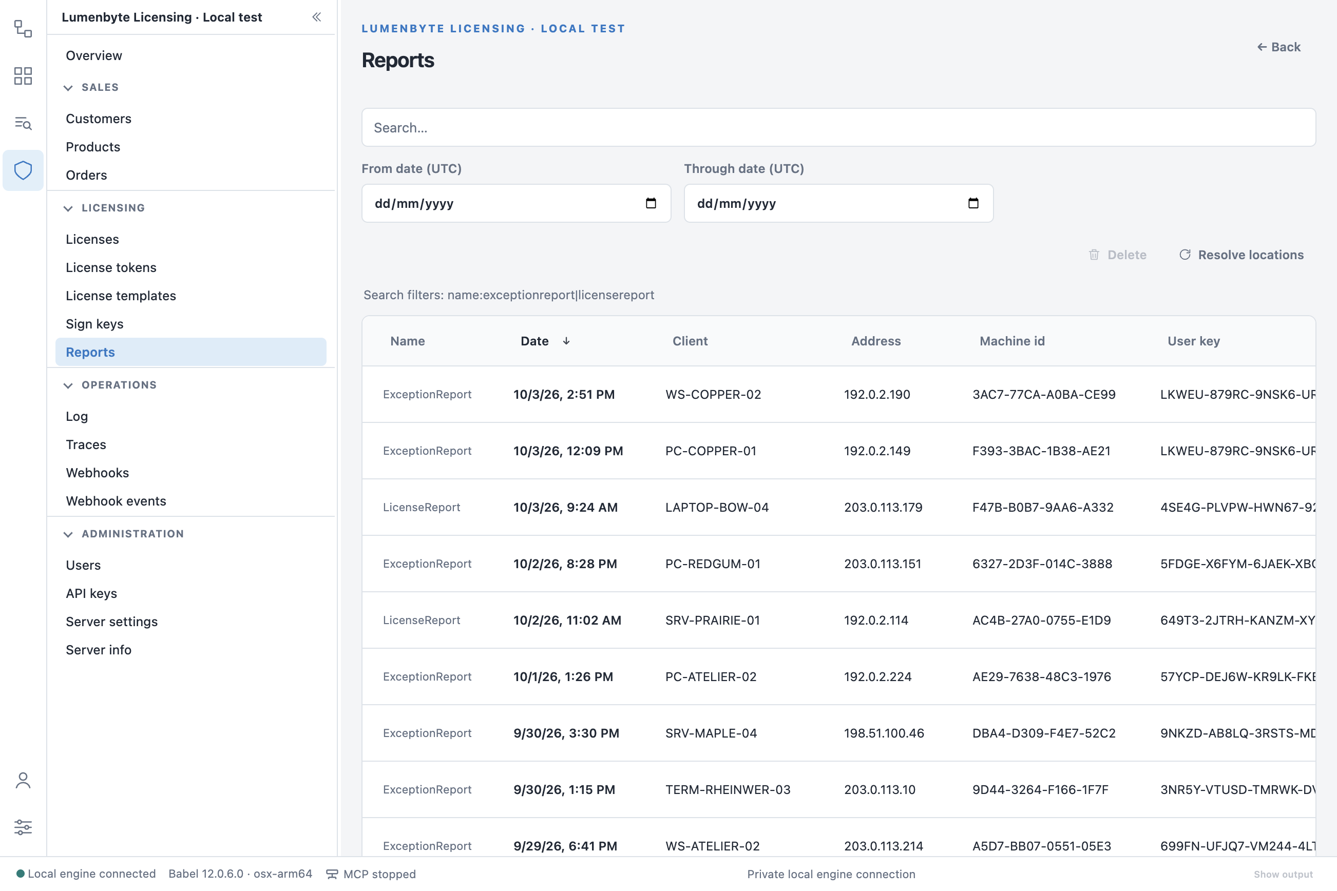 Reports list with the search box, the From date and Through date UTC filters, the Delete and Resolve locations actions, the name filter hint and the Name, Date, Client, Address, Machine id and User key columns