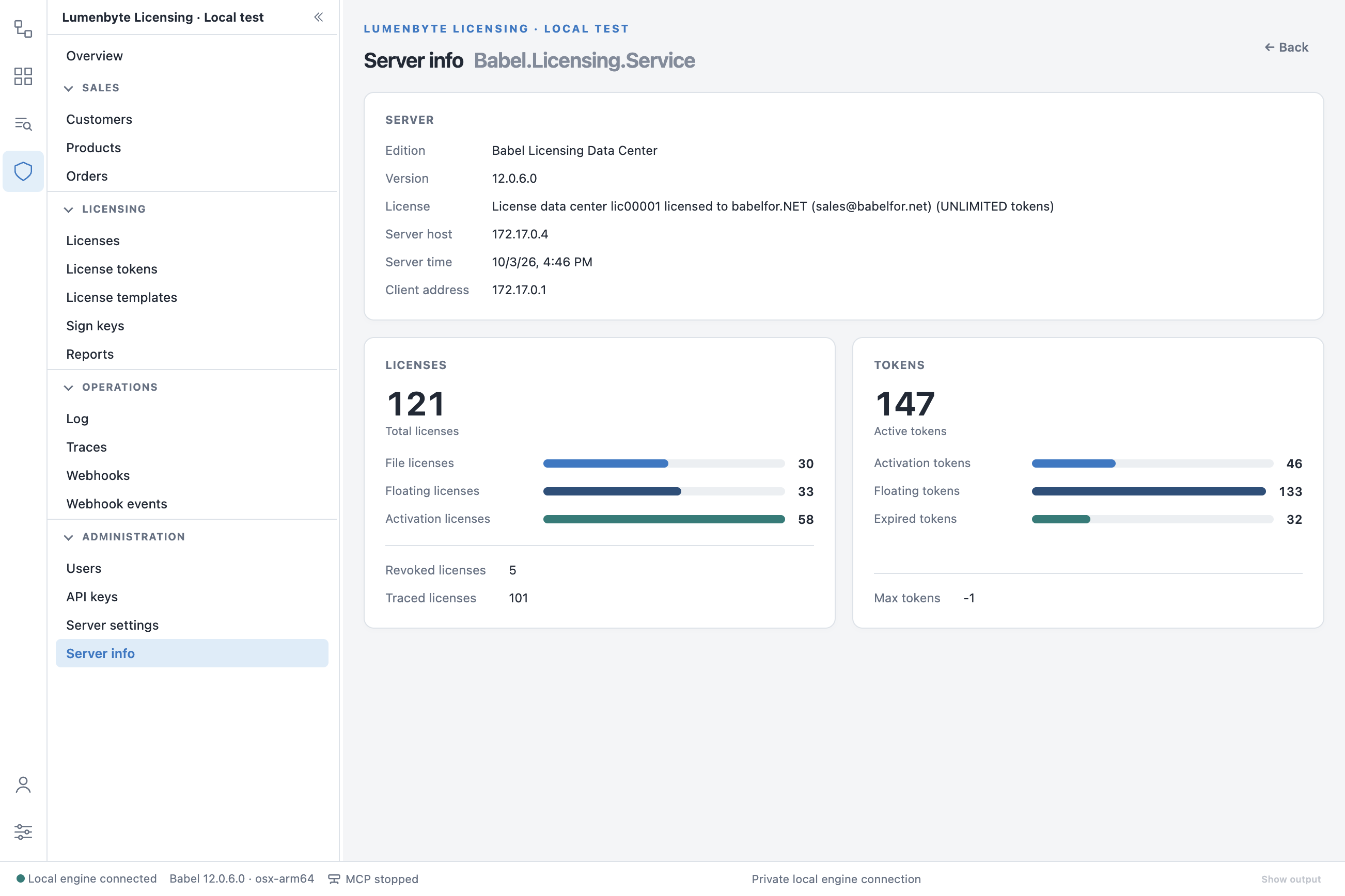 Server info: Babel Licensing Data Center edition, version 12.0.6.0, the service license with unlimited tokens, server host and time, 121 licenses by mode with the revoked and traced counts, and 147 active tokens with the activation, floating and expired counts
