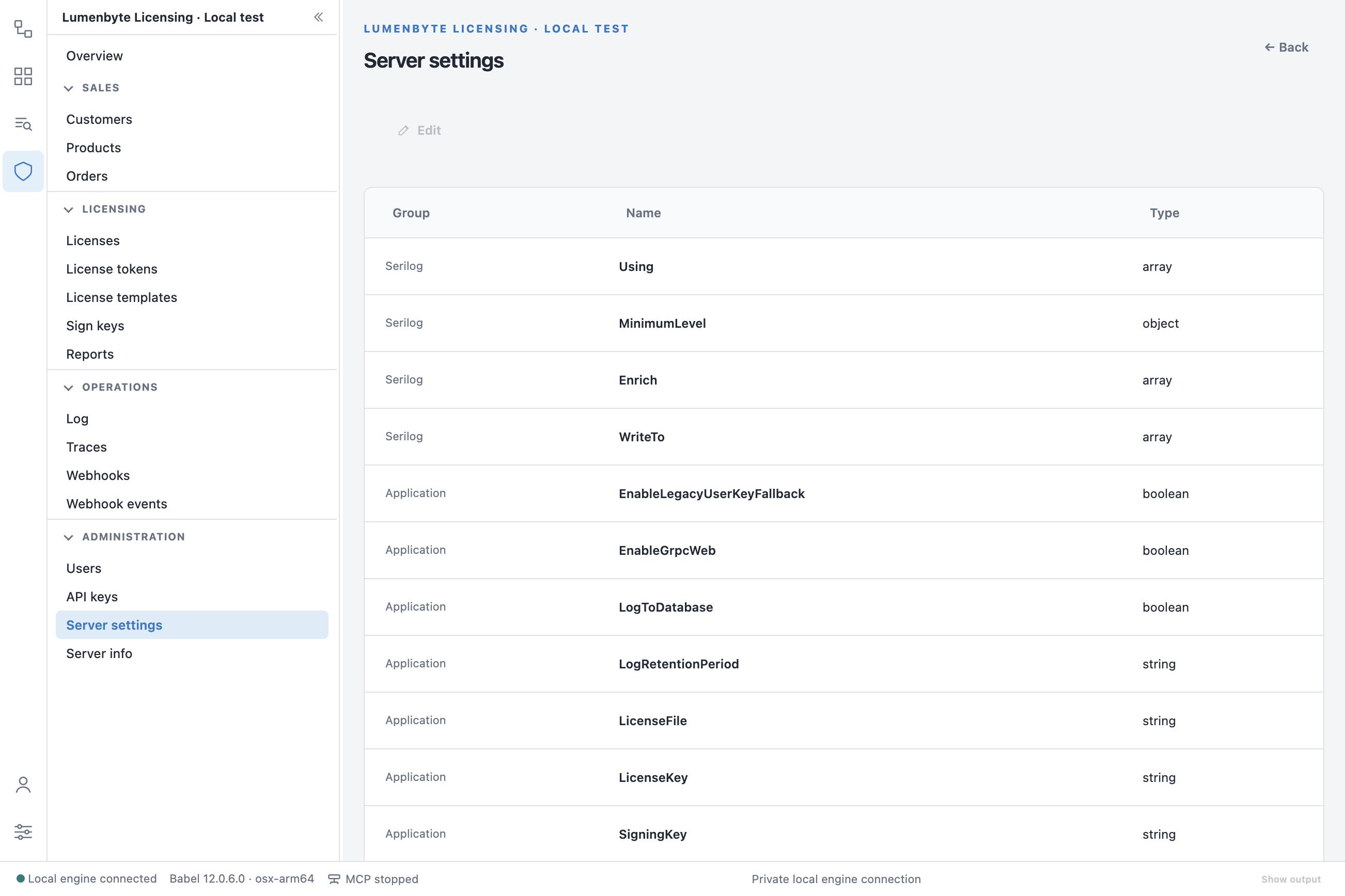 Server settings view with the Group, Name and Type columns, the Serilog settings Using, MinimumLevel, Enrich and WriteTo at the top, and the Edit button