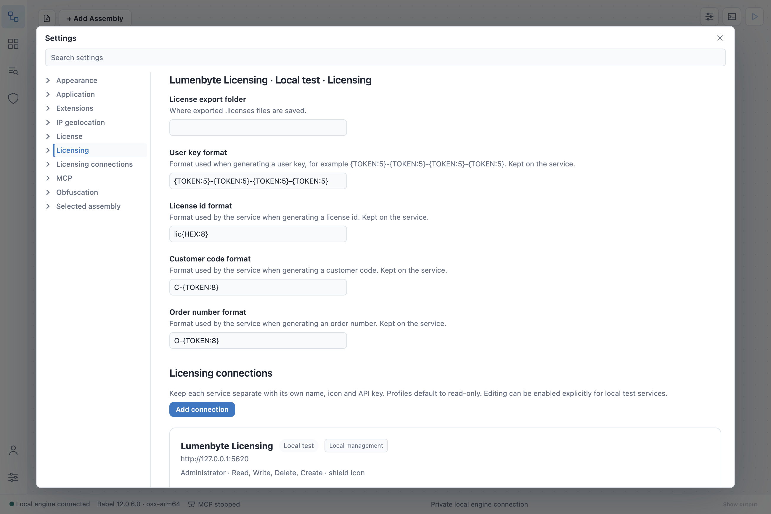 Settings dialog on the category Lumenbyte Licensing · Local test · Licensing, with the License export folder, the User key format {TOKEN:5}-{TOKEN:5}-{TOKEN:5}-{TOKEN:5}, the License id format lic{HEX:8}, the Customer code format C-{TOKEN:8} and the Order number format O-{TOKEN:8}, above the Licensing connections section