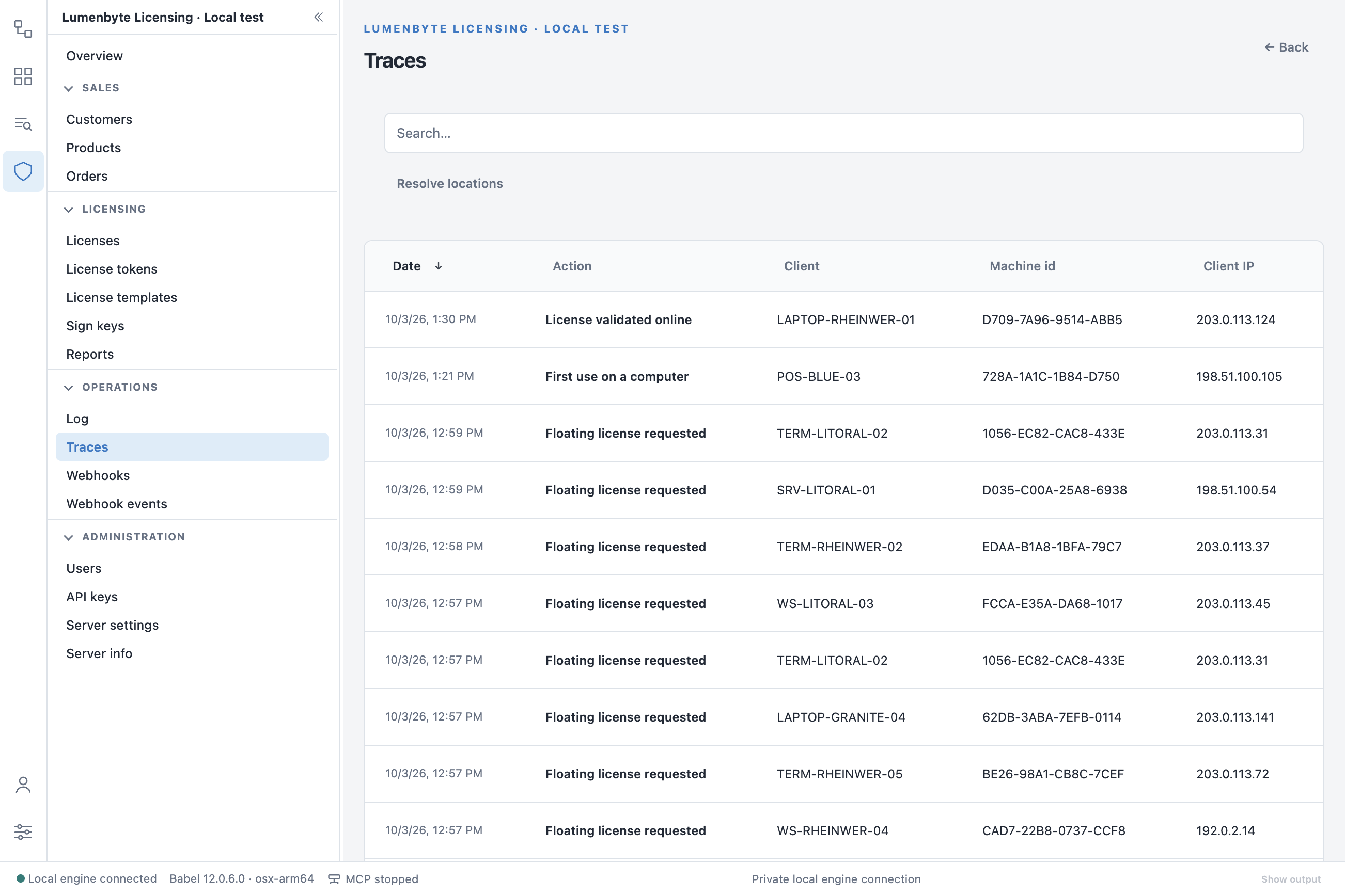 Traces list with date, action such as Floating license requested and Floating license released, client, machine id and client IP address columns, and the Resolve locations action