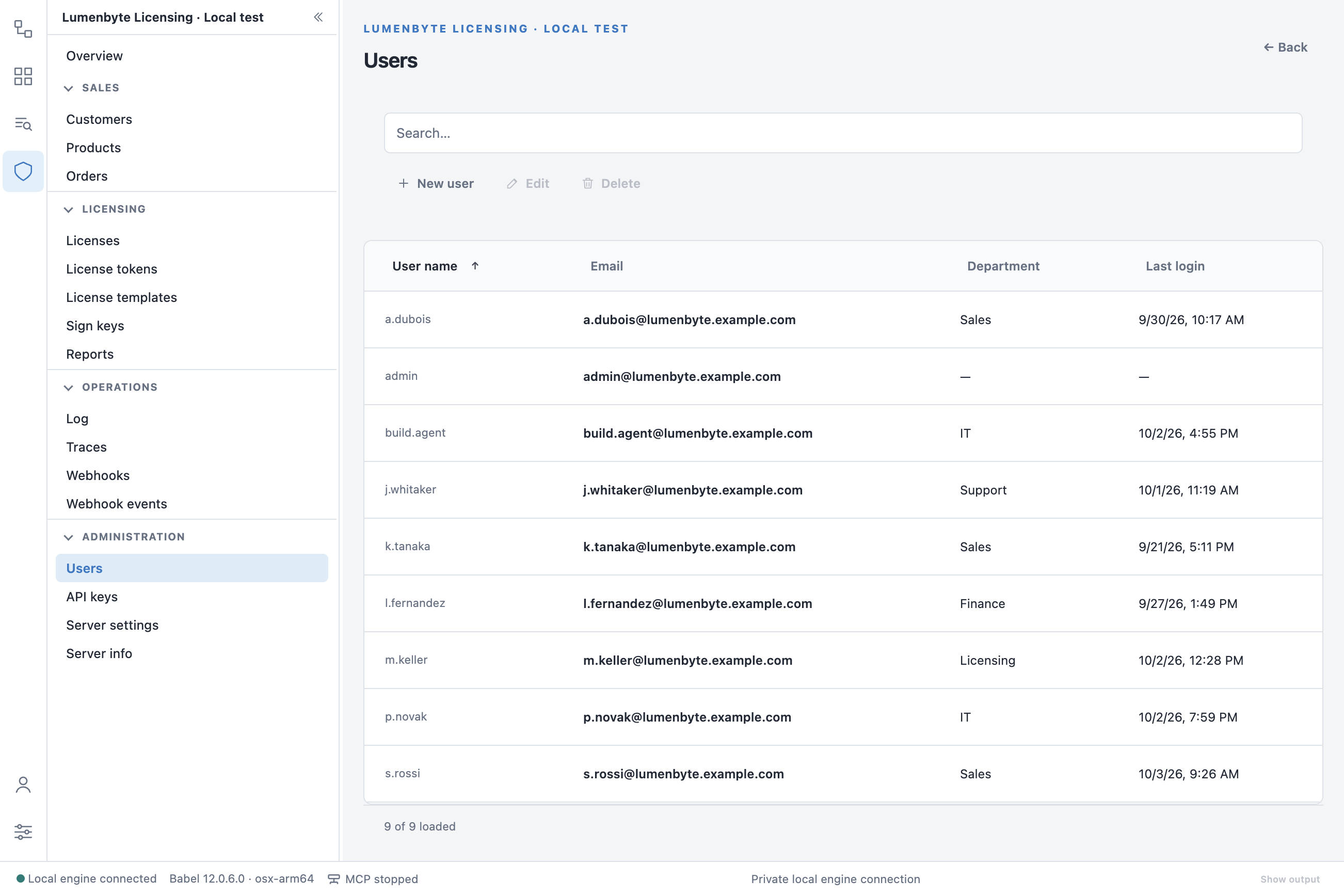 Users list with nine fictional users with lumenbyte.example.com email addresses, department and last login, and the New user, Edit and Delete buttons