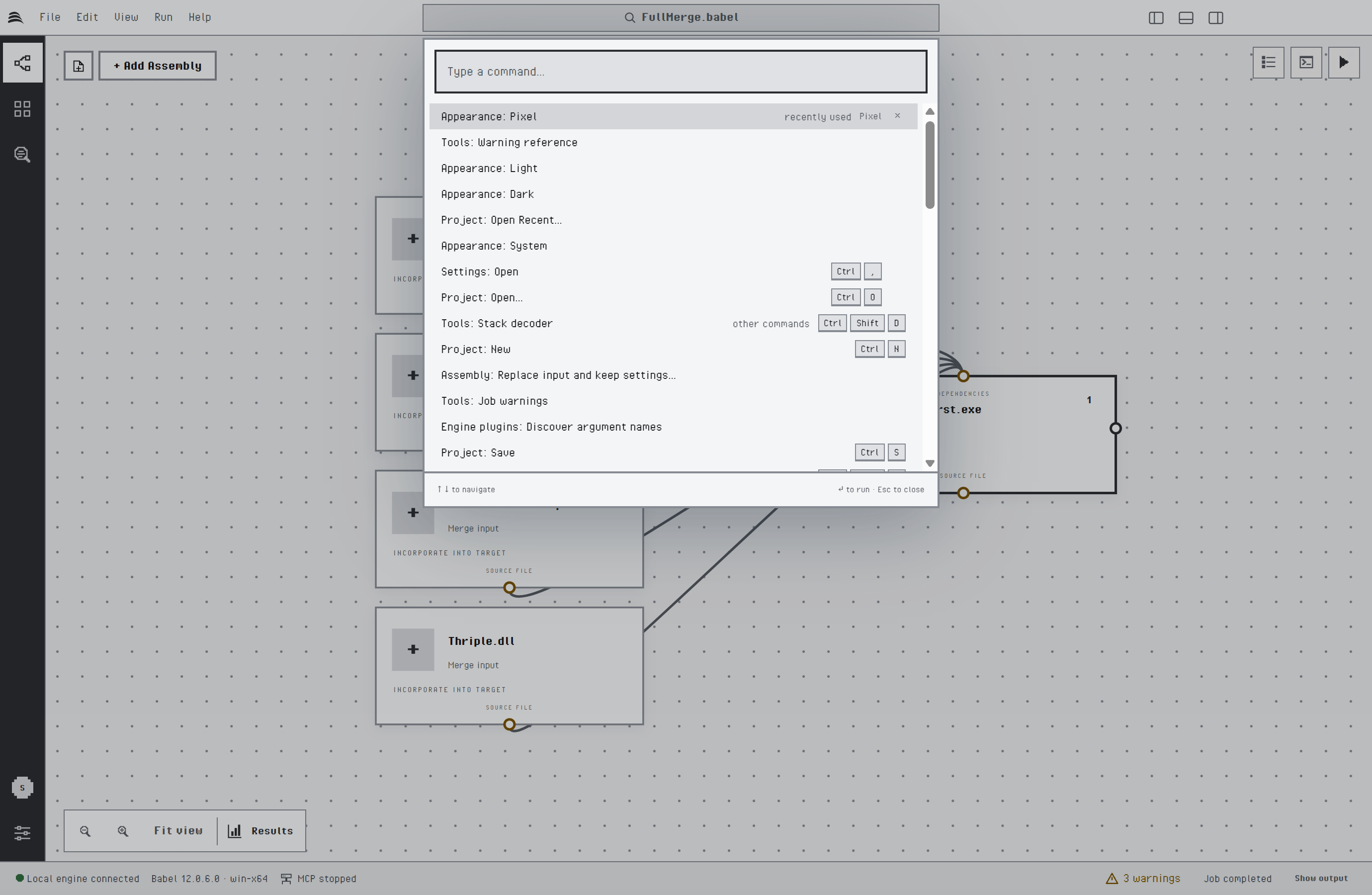 Command palette open over the project canvas, with Project: Open... marked as recently used, followed by Project: Open Recent..., Tools: Stack decoder, Tools: Warning reference, Project: New, Assembly: Replace input and keep settings..., the Project Save commands and the Assembly commands, each with its keyboard shortcut