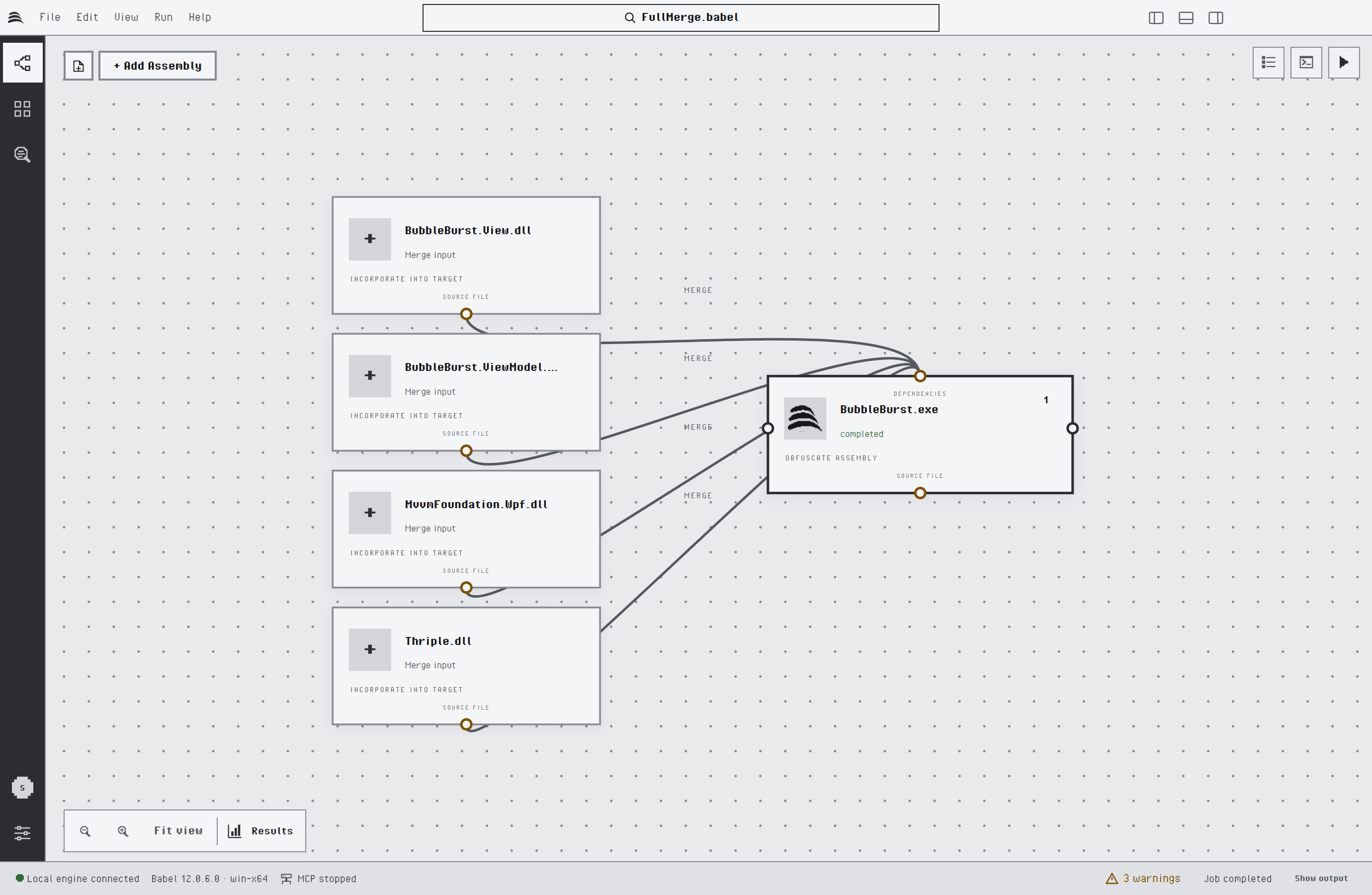 Project canvas of the project FullMerge.babel: the primary target BubbleBurst.exe on the right and four merge inputs on the left, BubbleBurst.View.dll, BubbleBurst.ViewModel.dll, MvvmFoundation.Wpf.dll and Thriple.dll, each connected to it with a line labelled MERGE