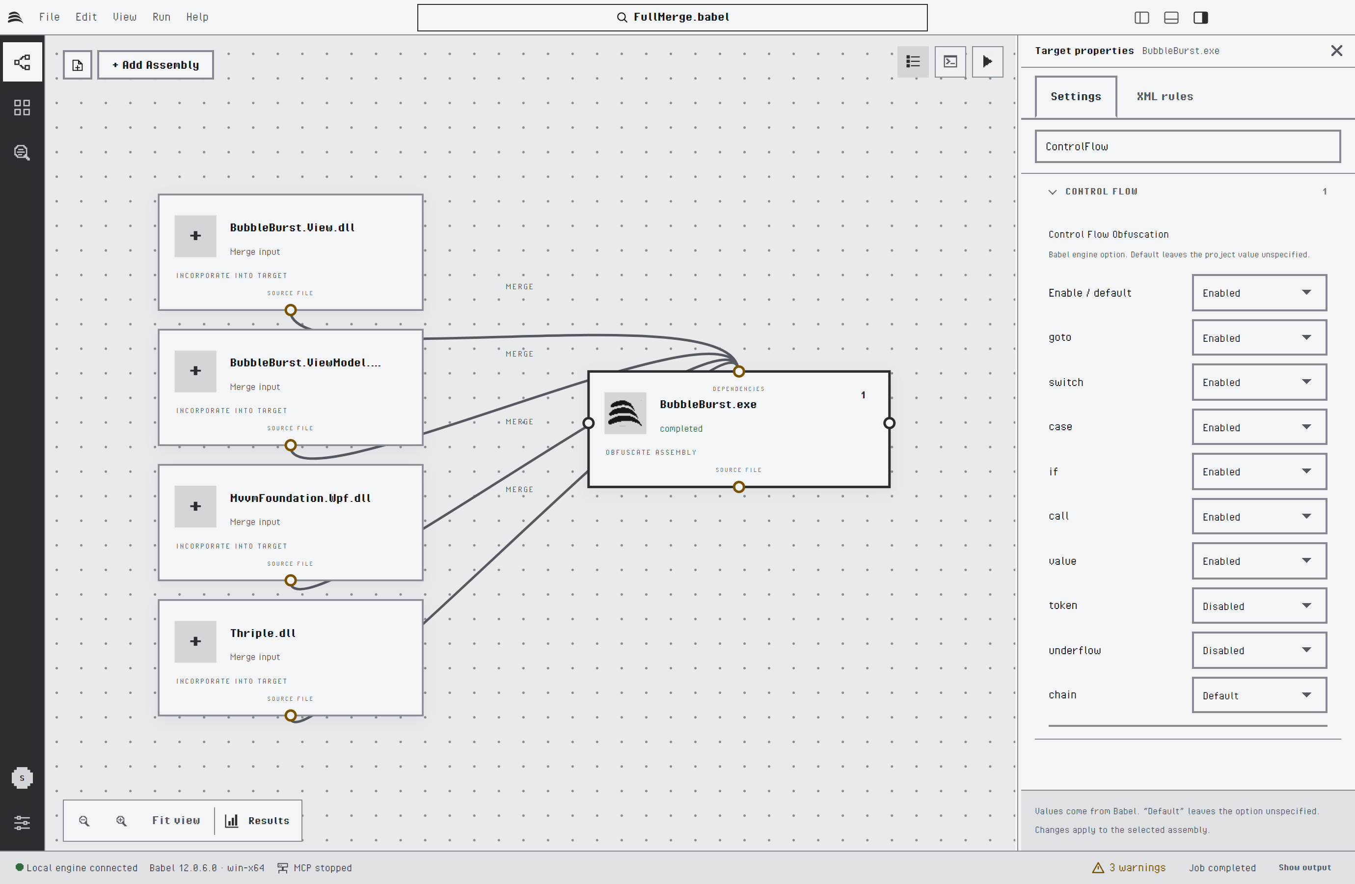 Properties panel filtered by ControlFlow: the Control Flow Obfuscation map with enable, goto, switch, case, if, call and value enabled, token and underflow disabled, and chain left at its default