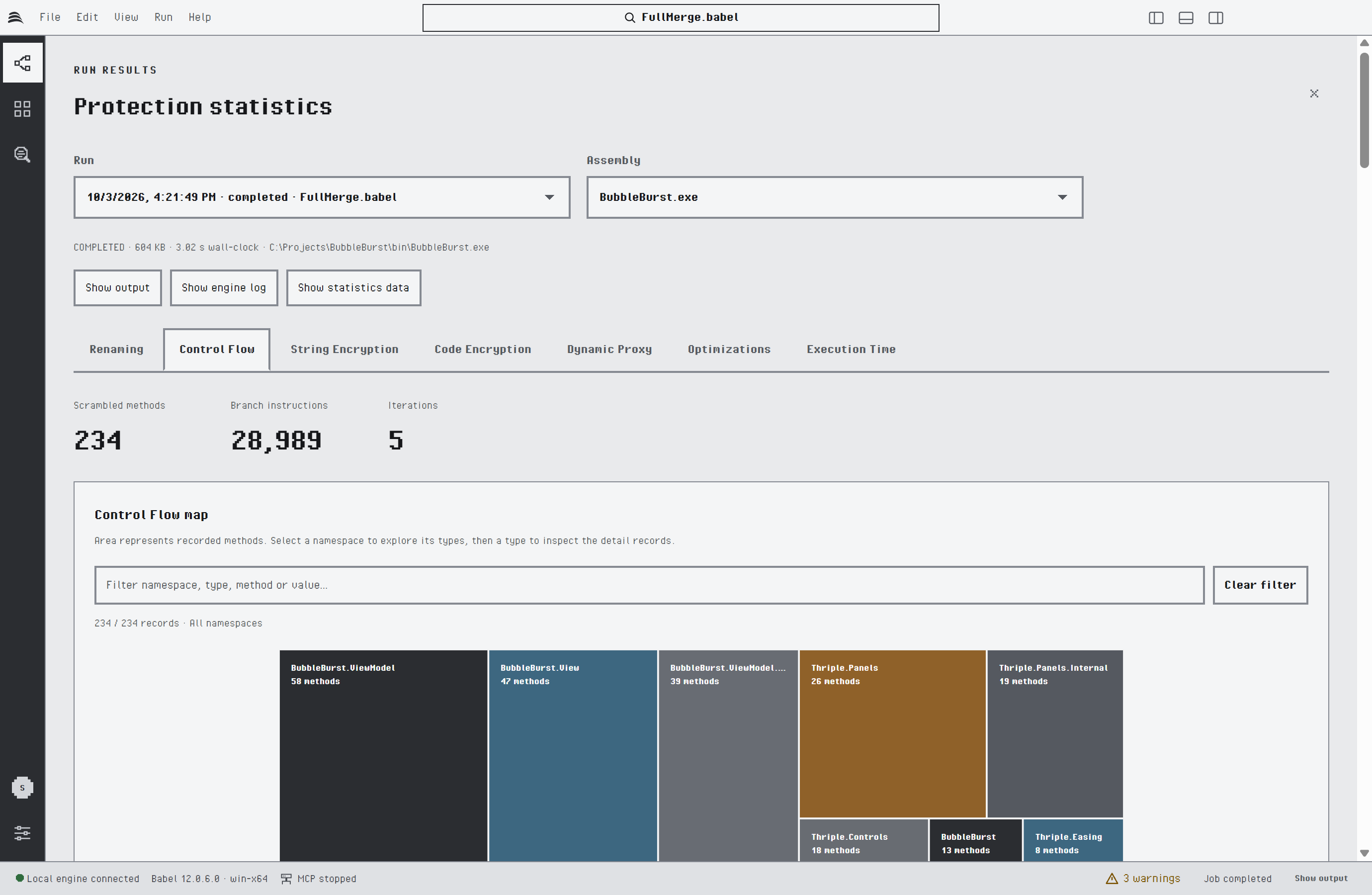 Protection statistics on the Control Flow tab: 234 scrambled methods, 28,990 branch instructions and 5 iterations, and a treemap of the transformed methods by namespace, from BubbleBurst.ViewModel with 58 methods to Thriple.Easing with 8