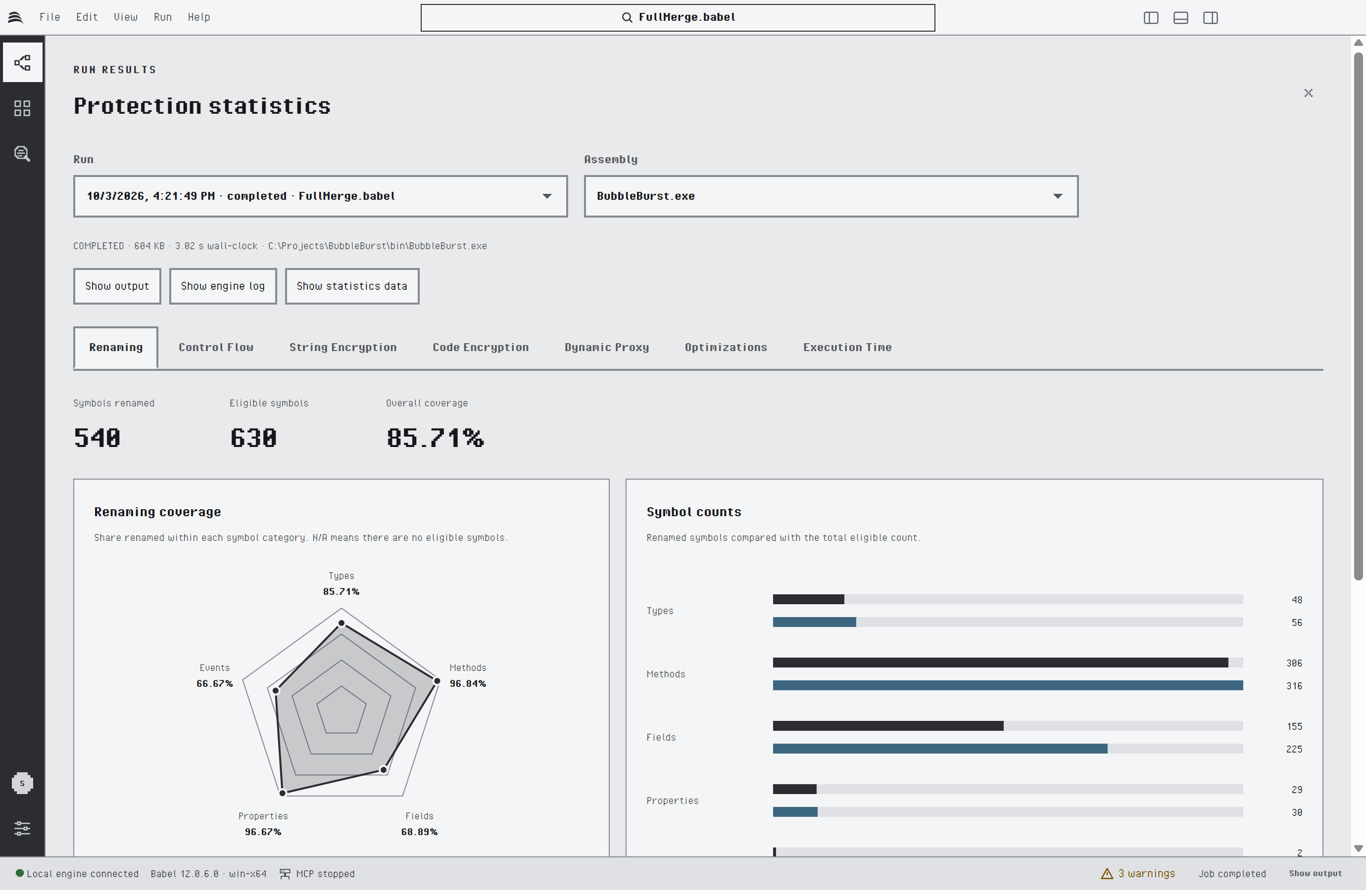 Protection statistics on the Renaming tab: 540 of 630 symbols renamed (85.71 percent), a radar chart of the coverage by symbol category and symbol count bars, the run and assembly pickers and the Show output, Show engine log and Show statistics data buttons