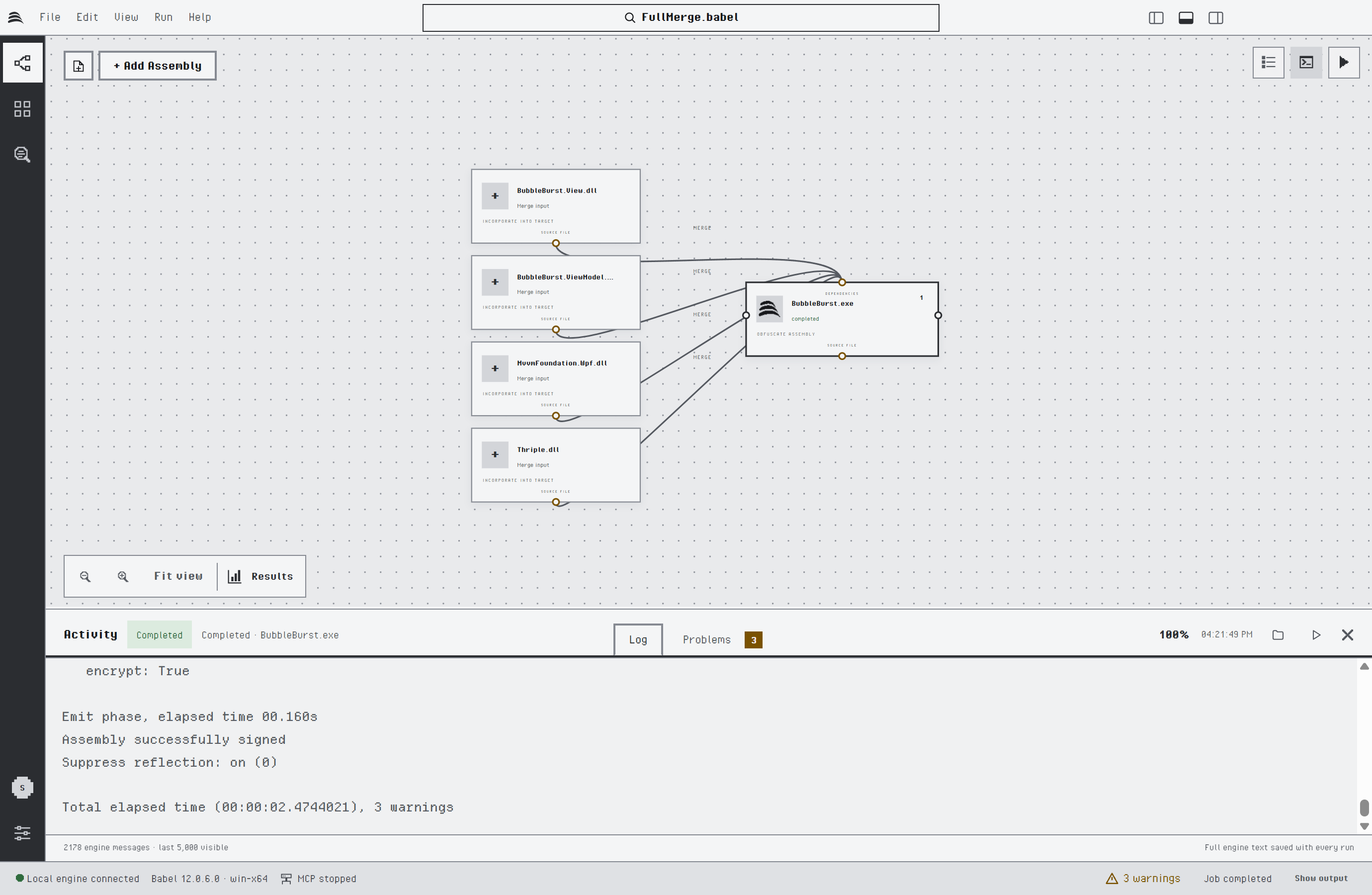 Canvas after a run: the target node BubbleBurst.exe shows completed, the Activity panel shows the Completed badge, the Log and Problems tabs with 3 problems, 100 percent and the tail of the engine log ending with the total elapsed time and 3 warnings, and the Results button is enabled