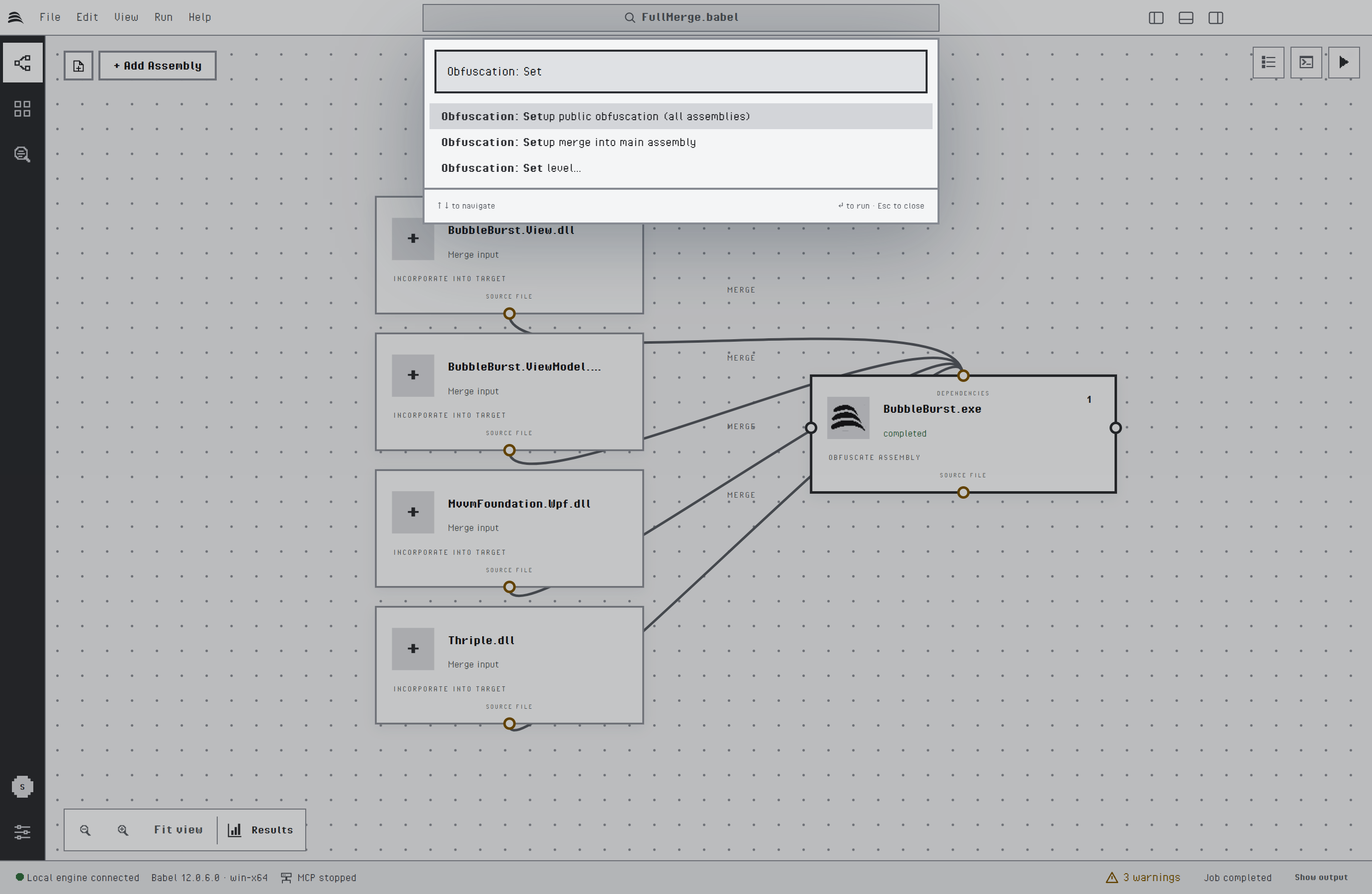 Command palette filtered by Obfuscation: Set, listing Obfuscation: Setup public obfuscation (all assemblies), Obfuscation: Setup merge into main assembly and Obfuscation: Set level...