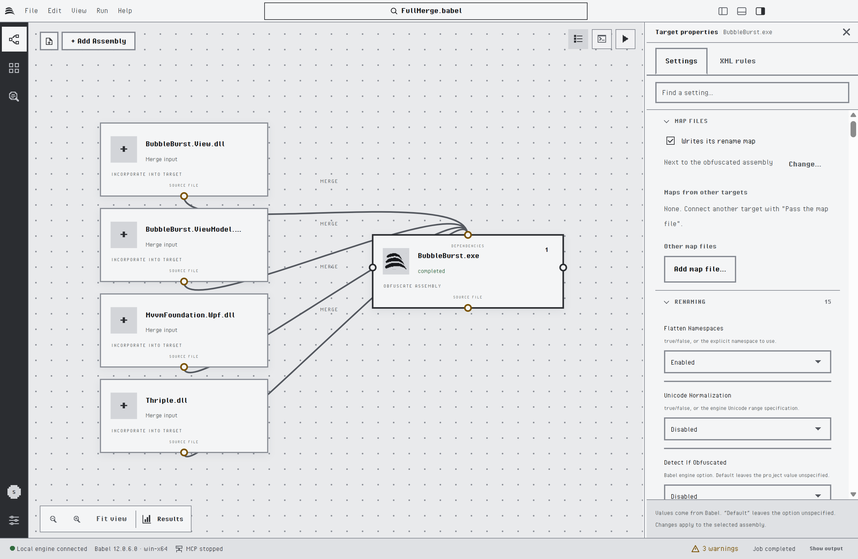 Target properties panel of BubbleBurst.exe open next to the canvas on the Settings tab, with the Find a setting search box, the Map files group with Writes its rename map checked, and the Renaming group showing Flatten Namespaces, Unicode Normalization and Detect If Obfuscated