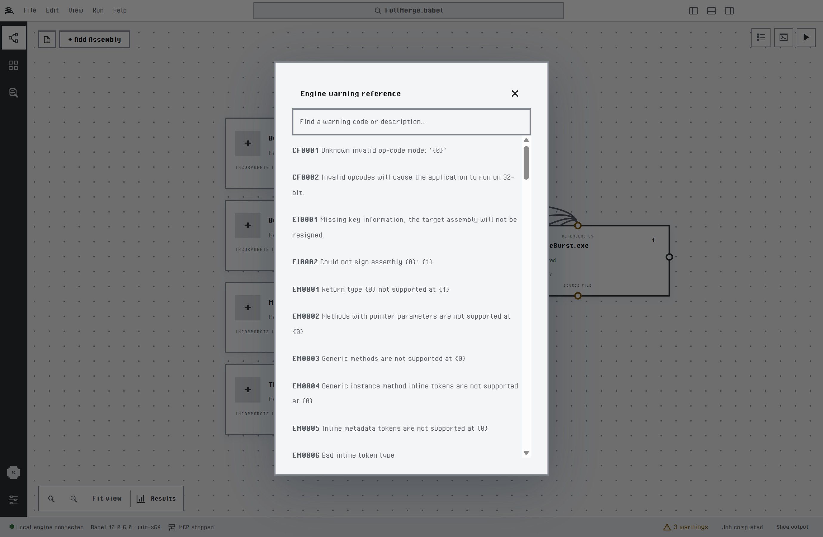 Engine warning reference dialog with a search box and a list of warning codes such as CF0001, CF0002, EI0001 and EM0001