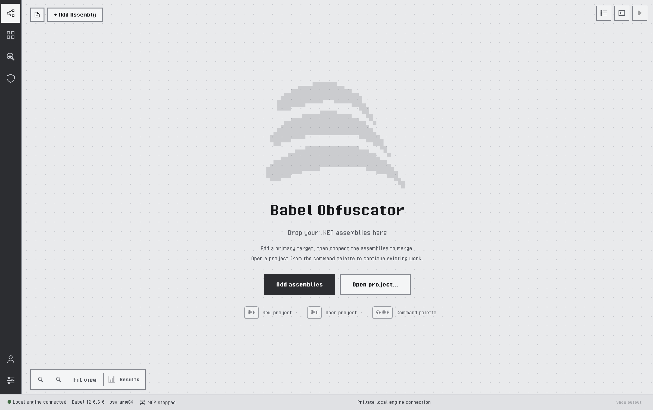 Babel Desktop start screen with no project open, showing the Add assemblies and Open project buttons, the New, Open and Command palette shortcuts, the activity bar on the left and the status bar reporting that the local engine is connected