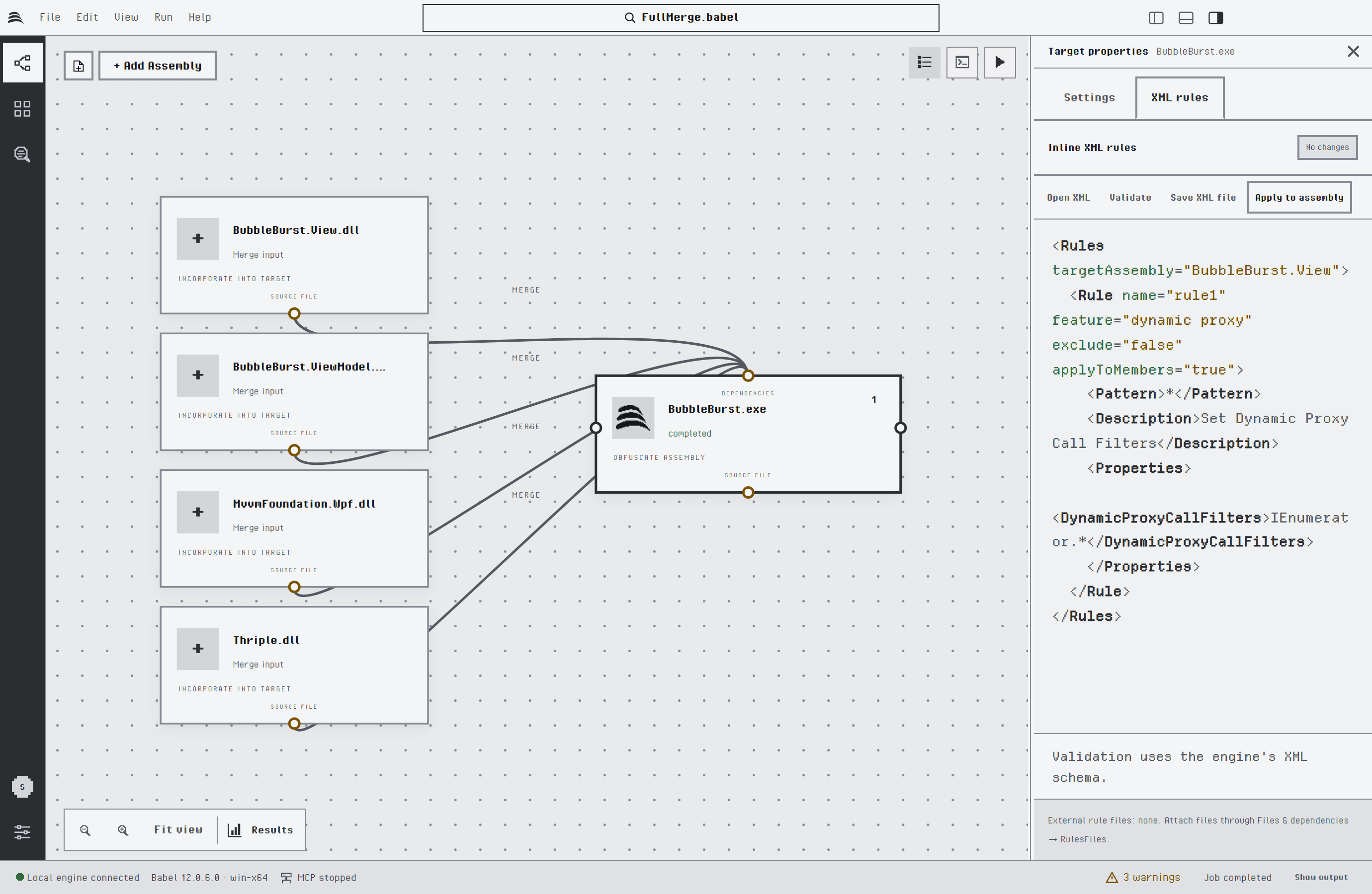 XML rules tab of the target with an inline rule for the merged assembly BubbleBurst.View that sets the Dynamic Proxy Call Filters property to IEnumerator.*, and the Open XML, Validate, Save XML file and Apply to assembly buttons
