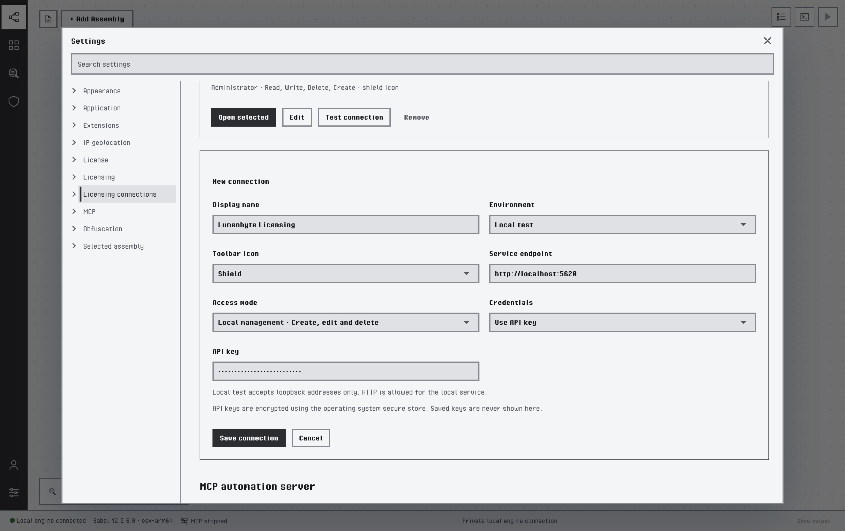 New connection form filled in: Display name Lumenbyte Licensing, Environment Local test, Toolbar icon Shield, Service endpoint http://localhost:5620, Access mode Local management, Credentials Use API key, a masked API key and the Save connection and Cancel buttons
