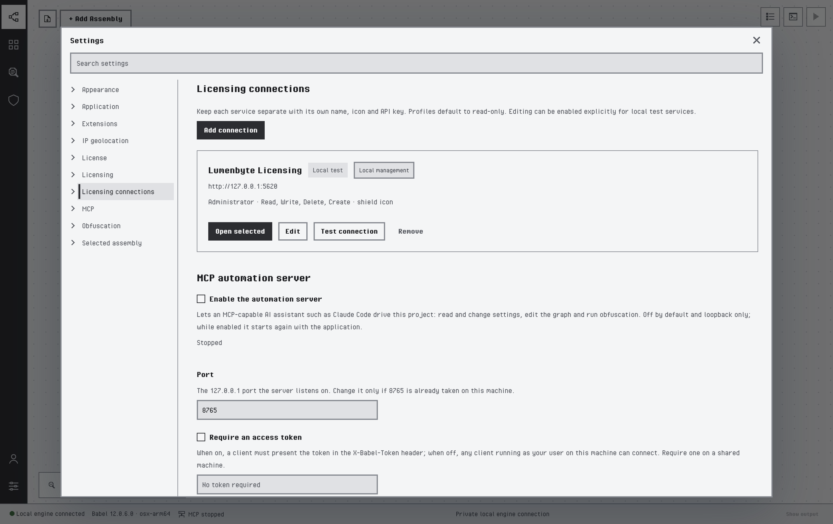 Saved connection profile card: Lumenbyte Licensing with the Local test and Local management badges, the endpoint http://127.0.0.1:5620, Administrator with Read, Write, Delete and Create permissions, and the Open selected, Edit, Test connection and Remove buttons. The shield icon of the profile is in the activity bar