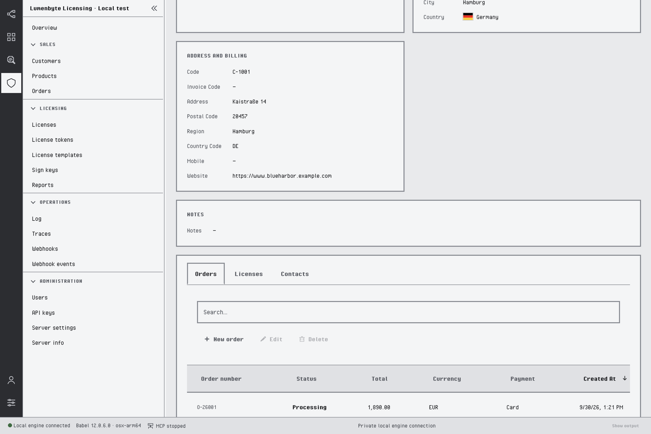 Customer detail of Blue Harbor Automation GmbH scrolled to the Address and billing and Notes cards, with the Orders, Licenses and Contacts tabs below: the Orders tab lists the orders of the customer with their status, total and payment, and has its own New order, Edit and Delete buttons