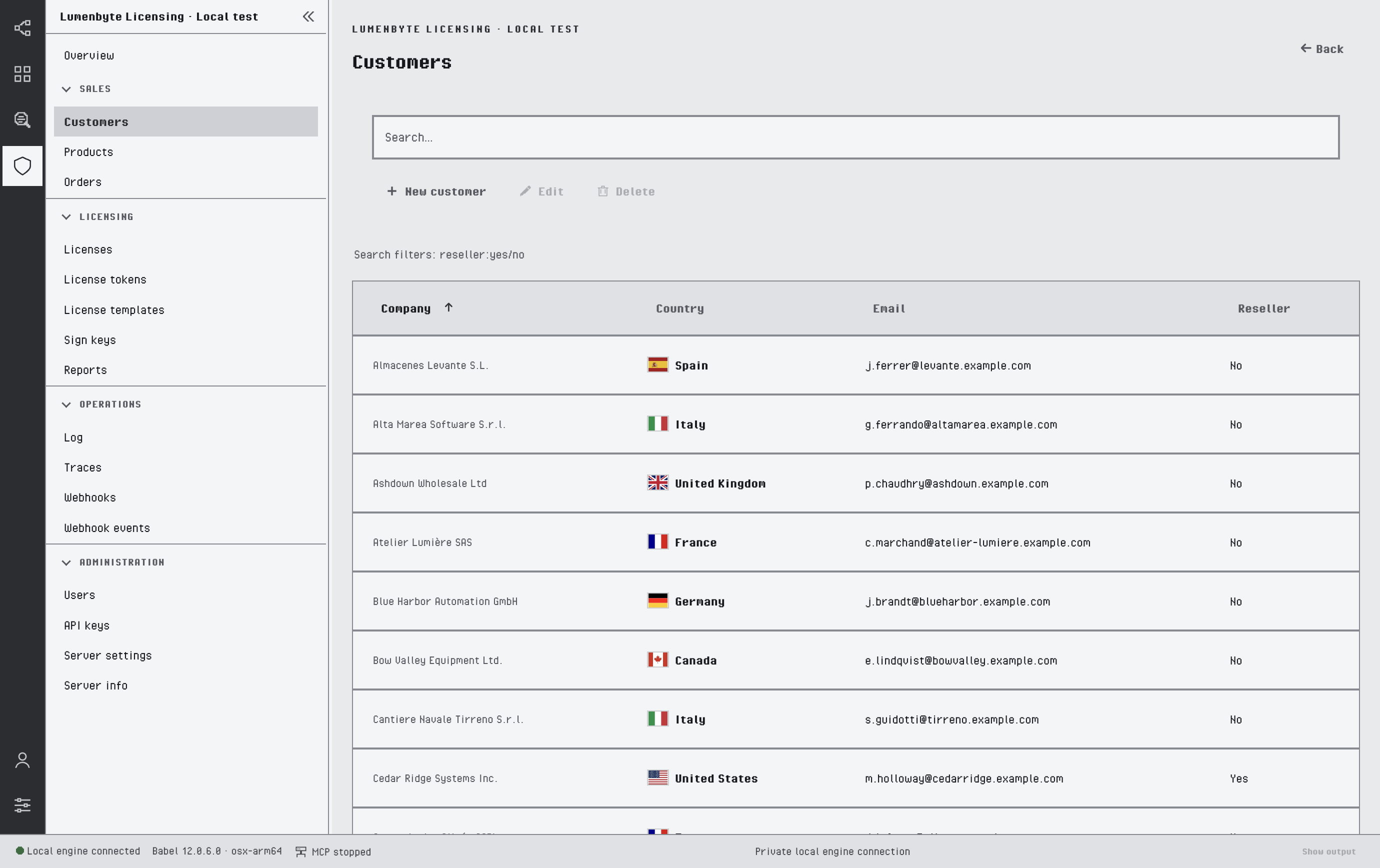 Customers list: the search box, the New customer, Edit and Delete toolbar buttons, the reseller:yes/no filter hint and the Company, Country with flags, Email and Reseller columns