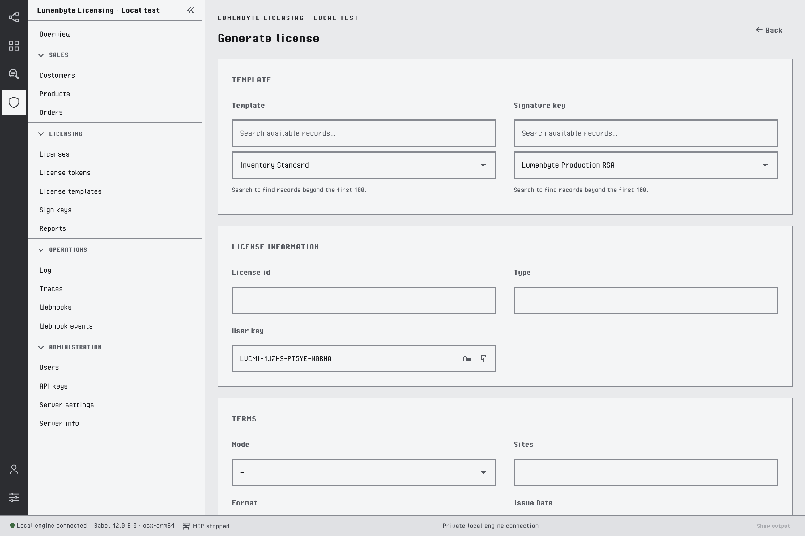 Generate license form with the template Inventory Standard and the signature key Lumenbyte Production RSA selected, the License information group with license id, type and a generated user key with its generate and copy buttons, and the start of the Terms group with mode, sites, format and issue date