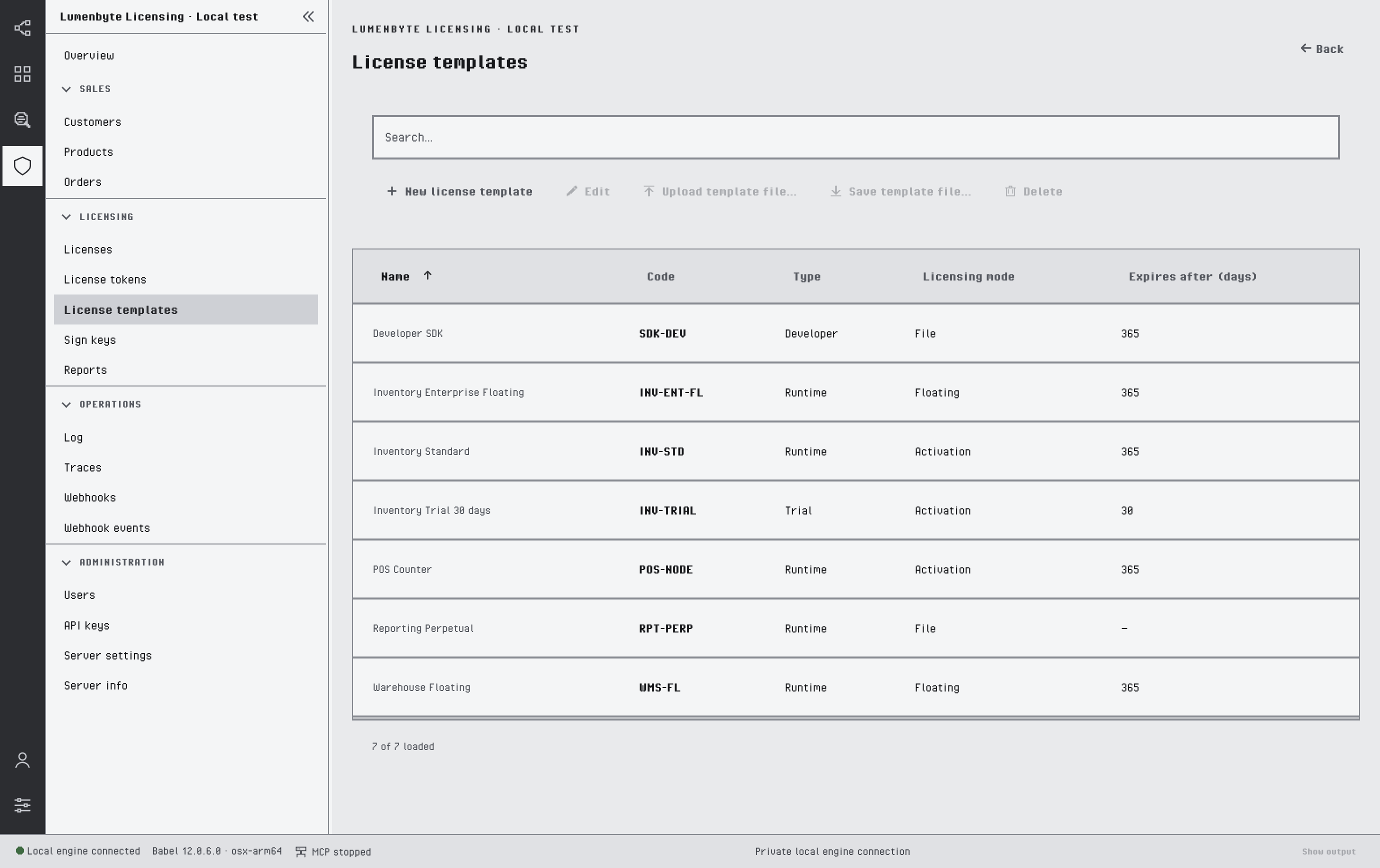 License templates list with name, code, type, licensing mode (File, Activation, Floating) and expires after days columns, and the New license template, Edit, Upload template file, Save template file and Delete buttons