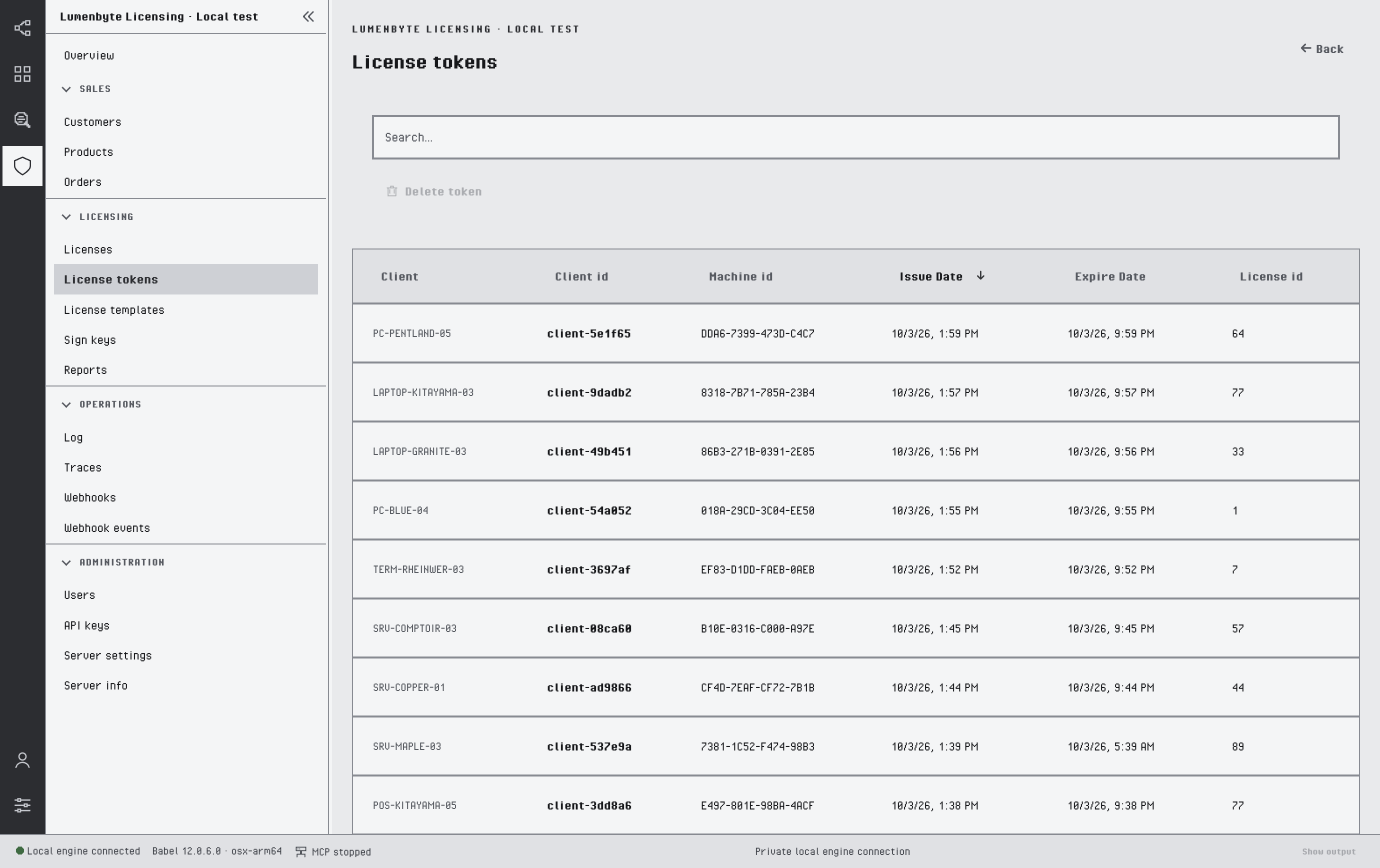 License tokens list with client, client id, machine id, issue and expire date and license id columns, and the Delete token button