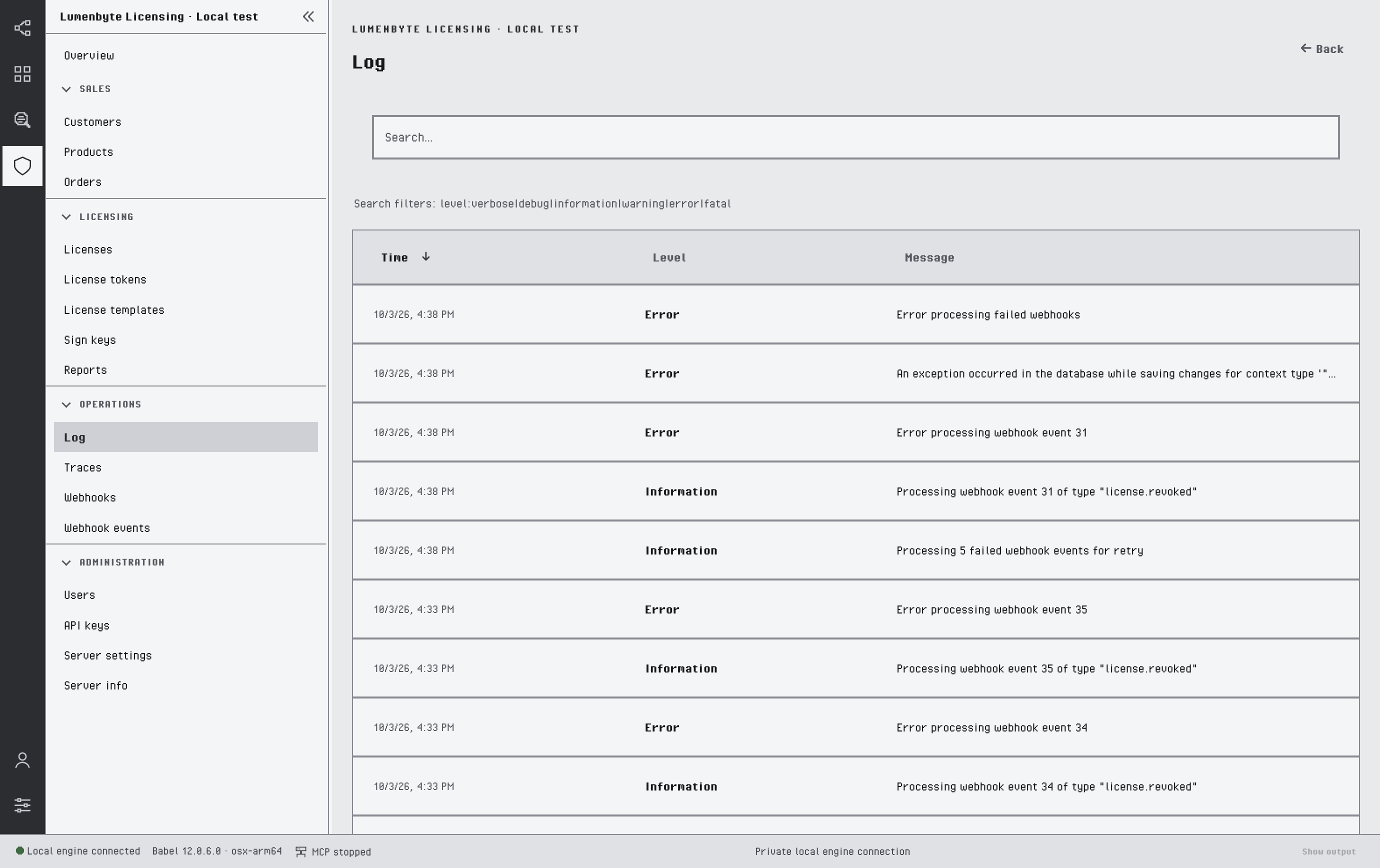 Log view with the time, level and message columns, the latest entries of the service, and the level filter hint verbose, debug, information, warning, error, fatal