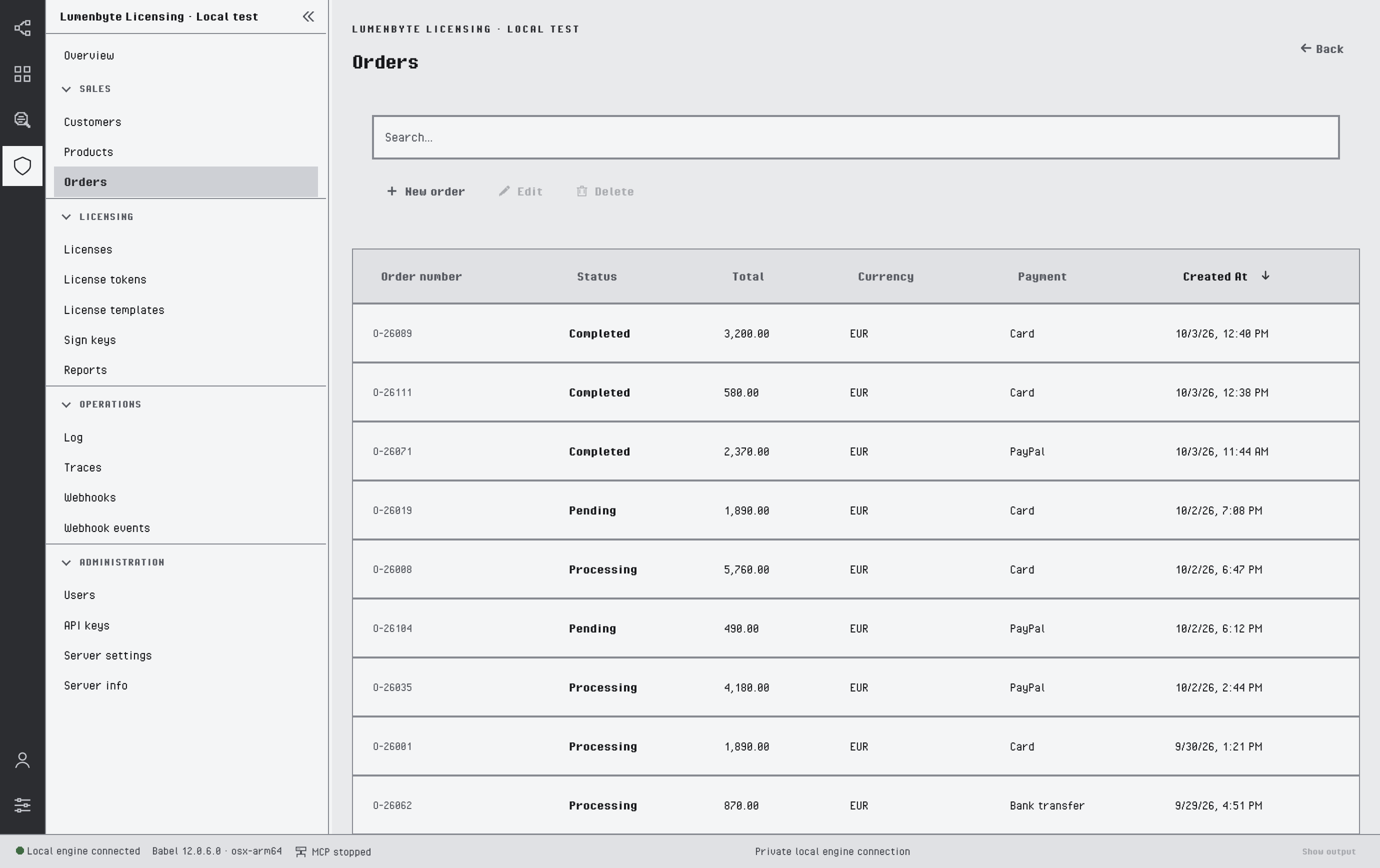 Orders list with order number, status (Pending, Processing, Completed, Refunded), total, currency, payment and creation date, sorted with the newest order first
