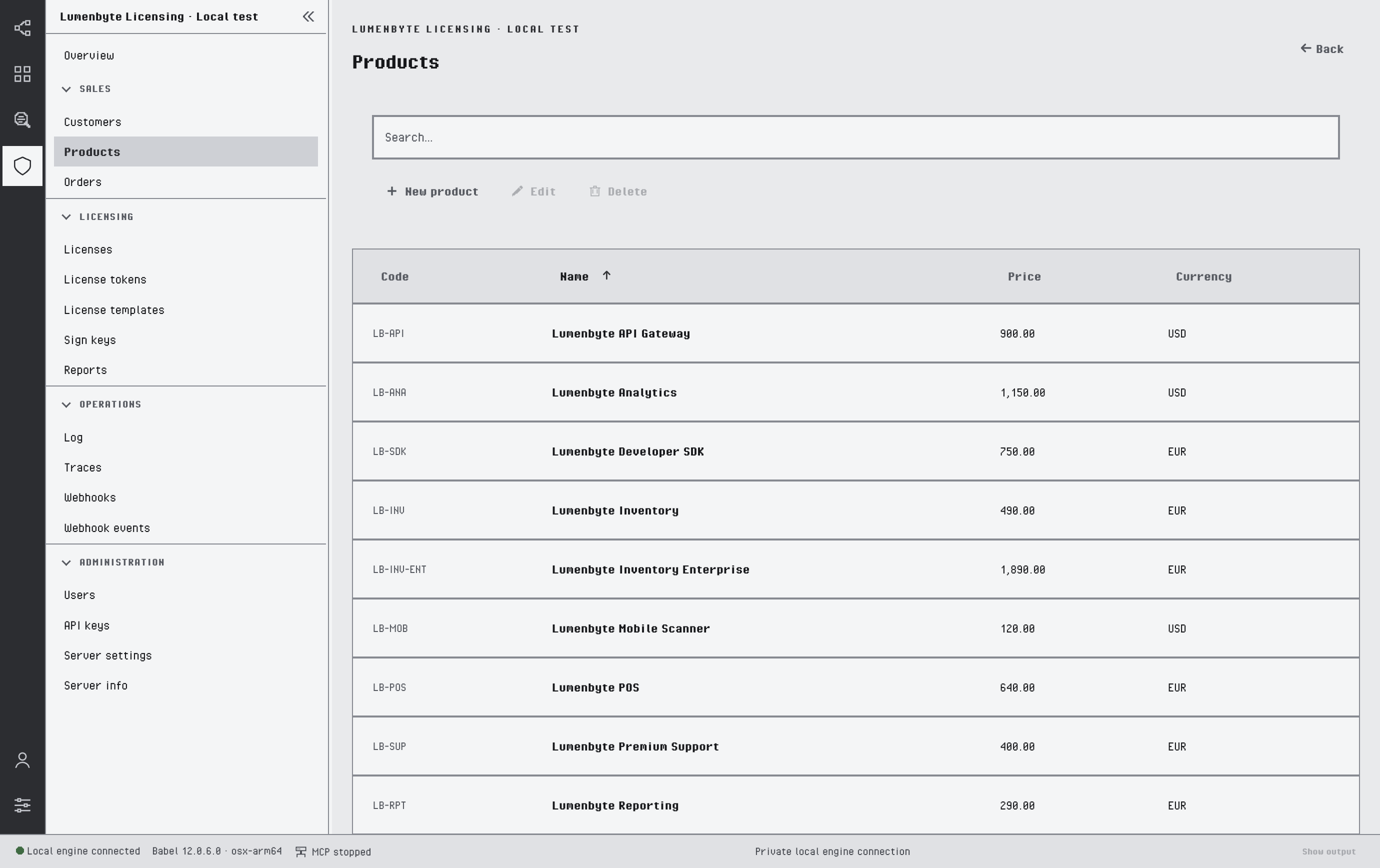 Products list with the code, name, price and currency of twelve fictional Lumenbyte products, and the New product, Edit and Delete buttons