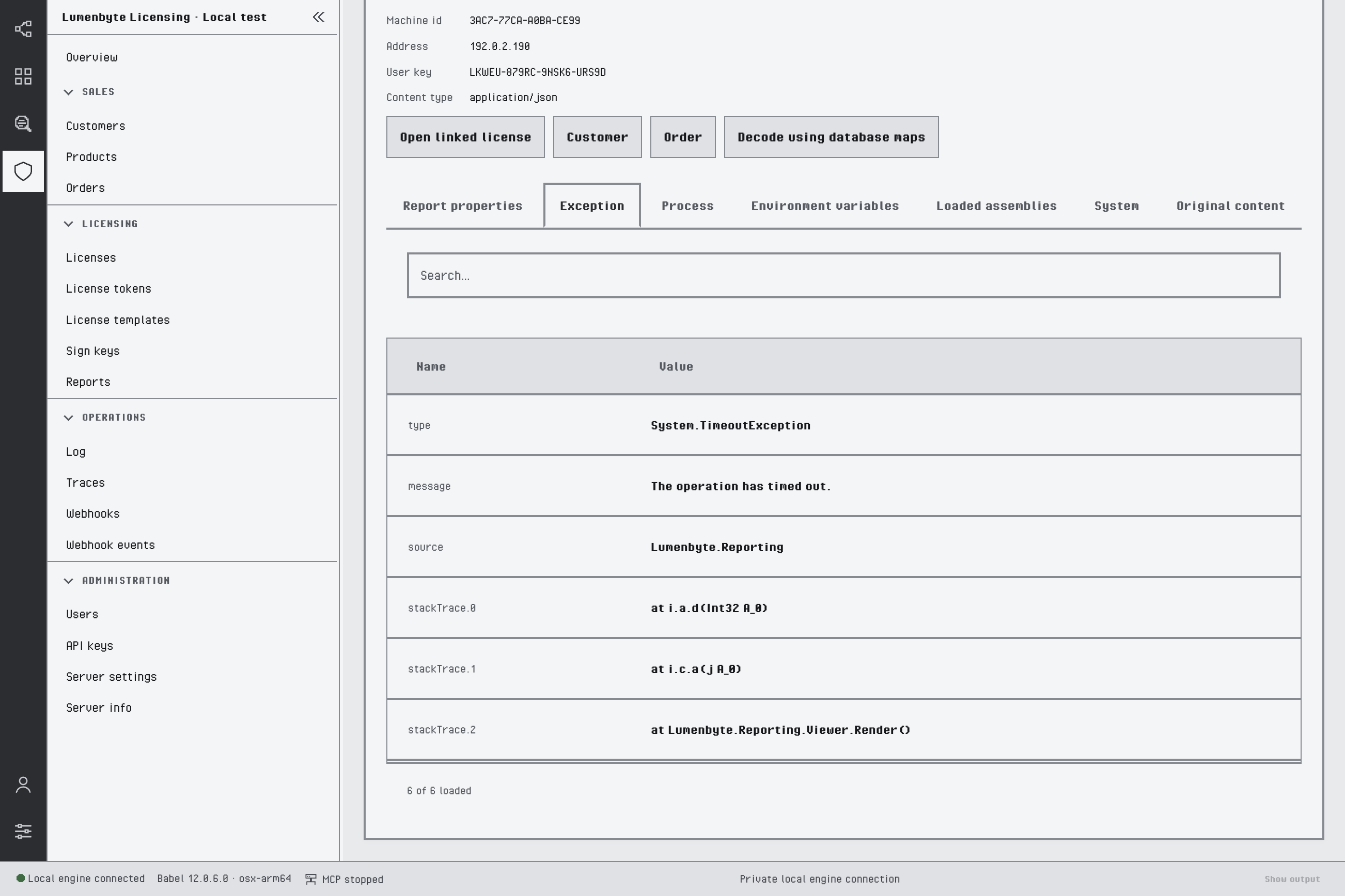 Exception tab of a report with the System.TimeoutException type, the message, the source Lumenbyte.Reporting and three stack trace frames, two of them with obfuscated names