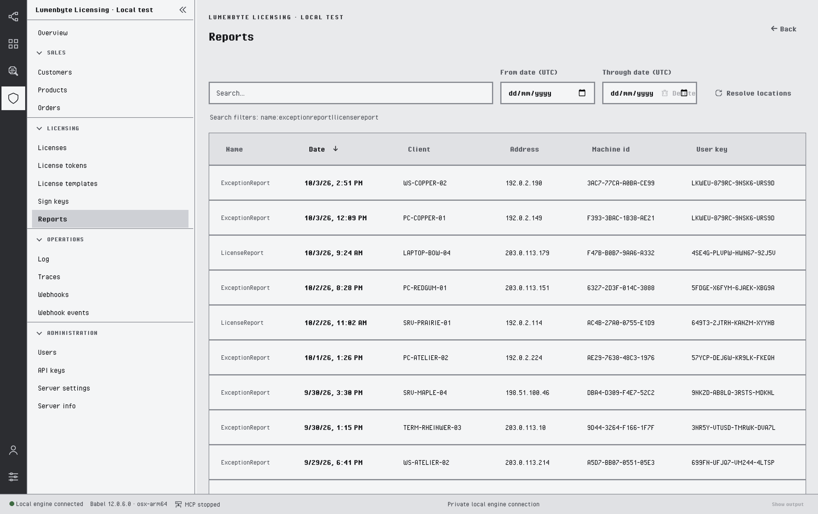 Reports list with the search box, the From date and Through date UTC filters, the Delete and Resolve locations actions, the name filter hint and the Name, Date, Client, Address, Machine id and User key columns