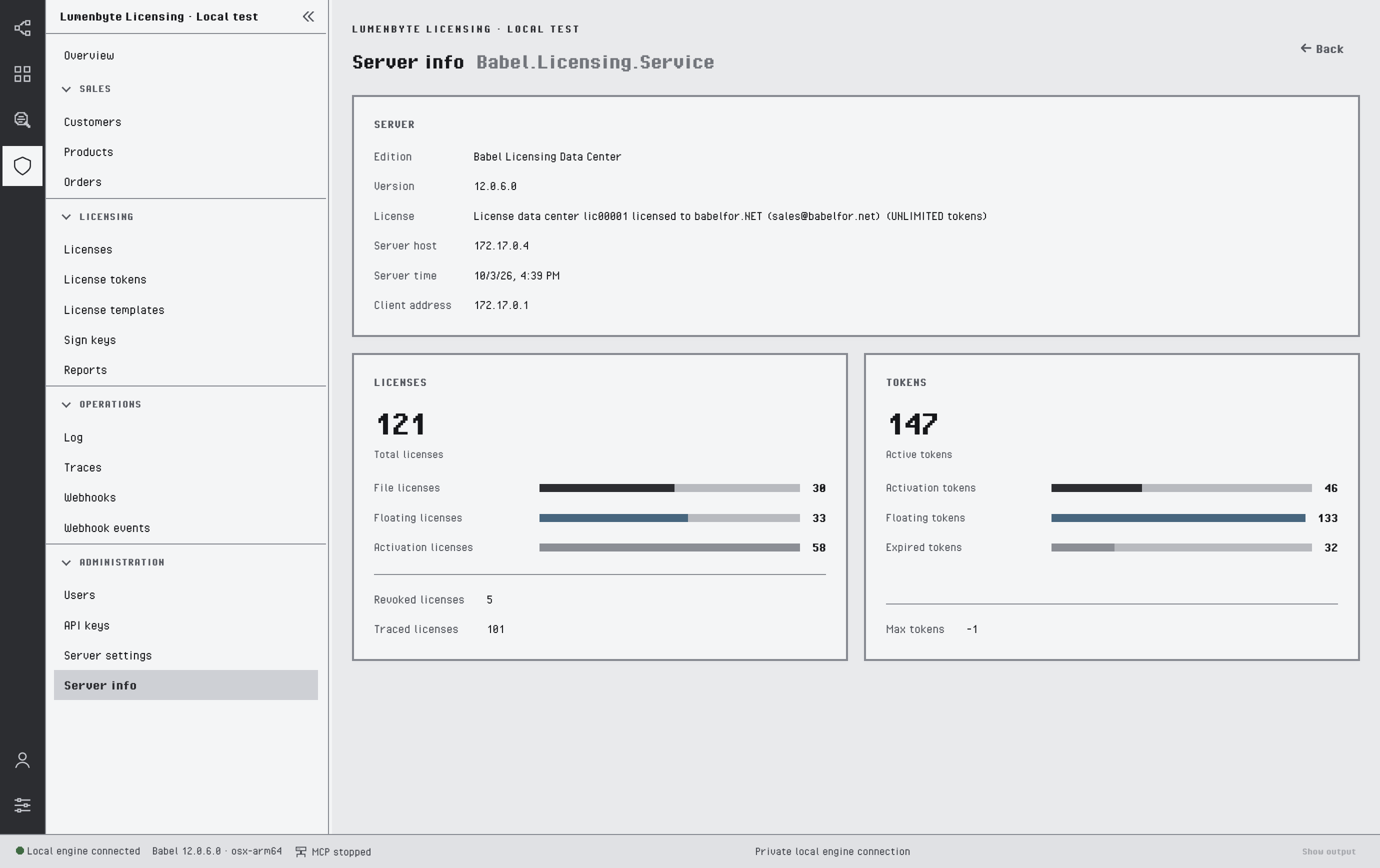 Server info: Babel Licensing Data Center edition, version 12.0.6.0, the service license with unlimited tokens, server host and time, 121 licenses by mode with the revoked and traced counts, and 147 active tokens with the activation, floating and expired counts