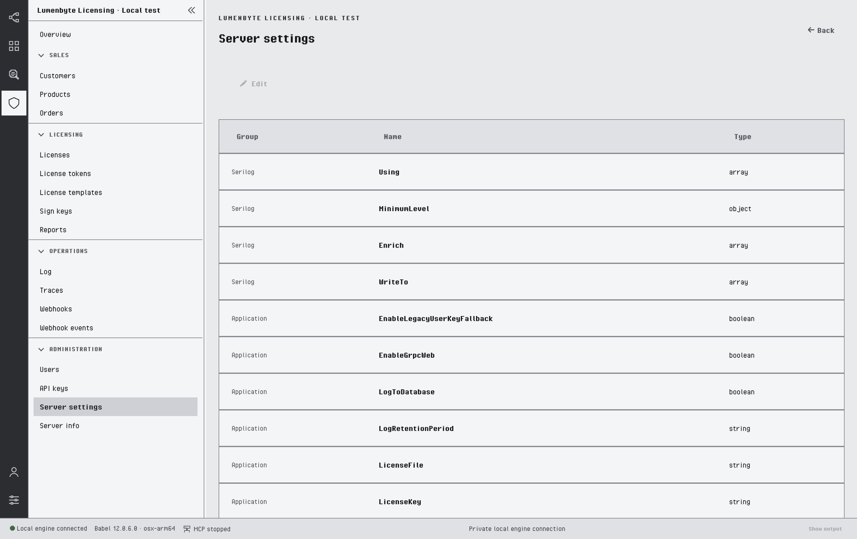 Server settings view with the Group, Name and Type columns, the Serilog settings Using, MinimumLevel, Enrich and WriteTo at the top, and the Edit button