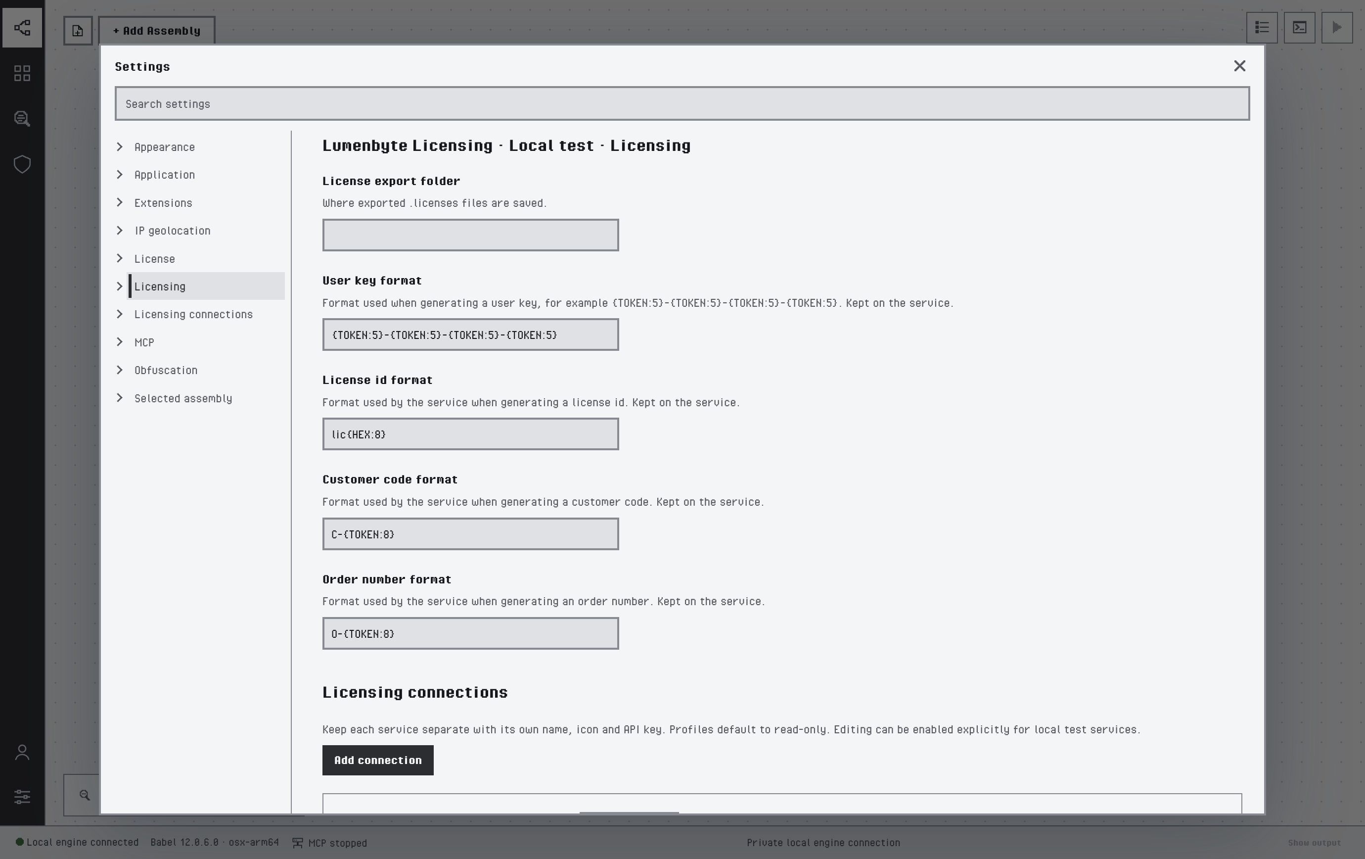 Settings dialog on the category Lumenbyte Licensing · Local test · Licensing, with the License export folder, the User key format {TOKEN:5}-{TOKEN:5}-{TOKEN:5}-{TOKEN:5}, the License id format lic{HEX:8}, the Customer code format C-{TOKEN:8} and the Order number format O-{TOKEN:8}, above the Licensing connections section