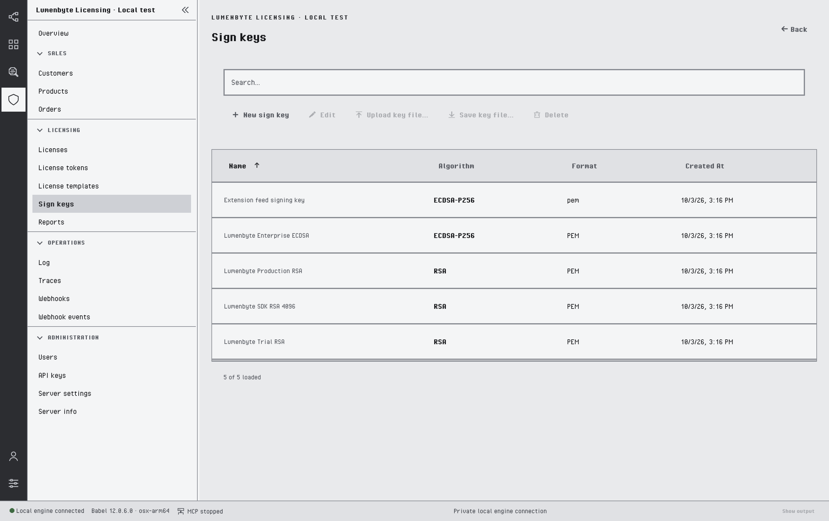 Sign keys list with RSA and ECDSA-P256 keys, their format and creation date, and the New sign key, Edit, Upload key file, Save key file and Delete buttons