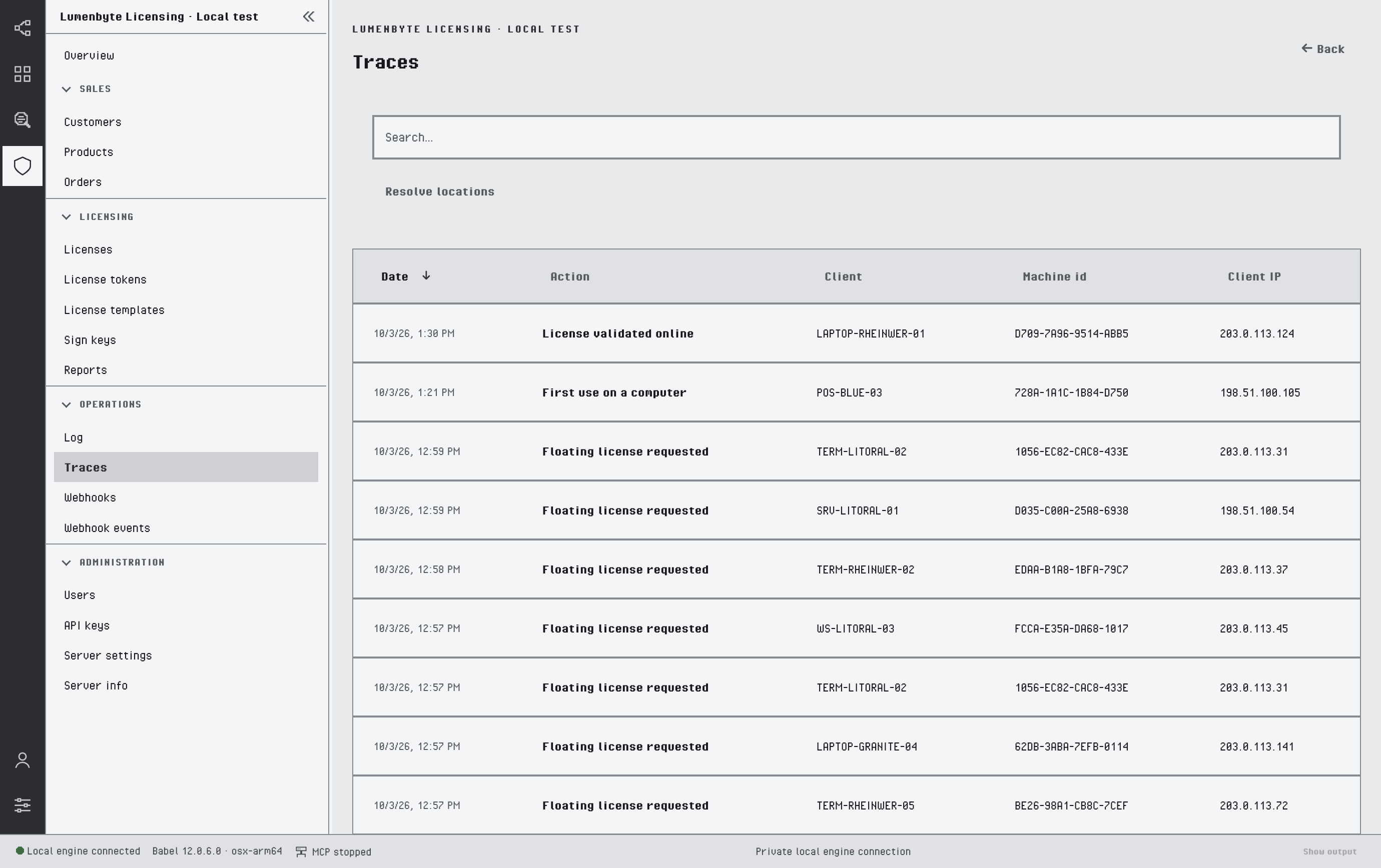 Traces list with date, action such as Floating license requested and Floating license released, client, machine id and client IP address columns, and the Resolve locations action
