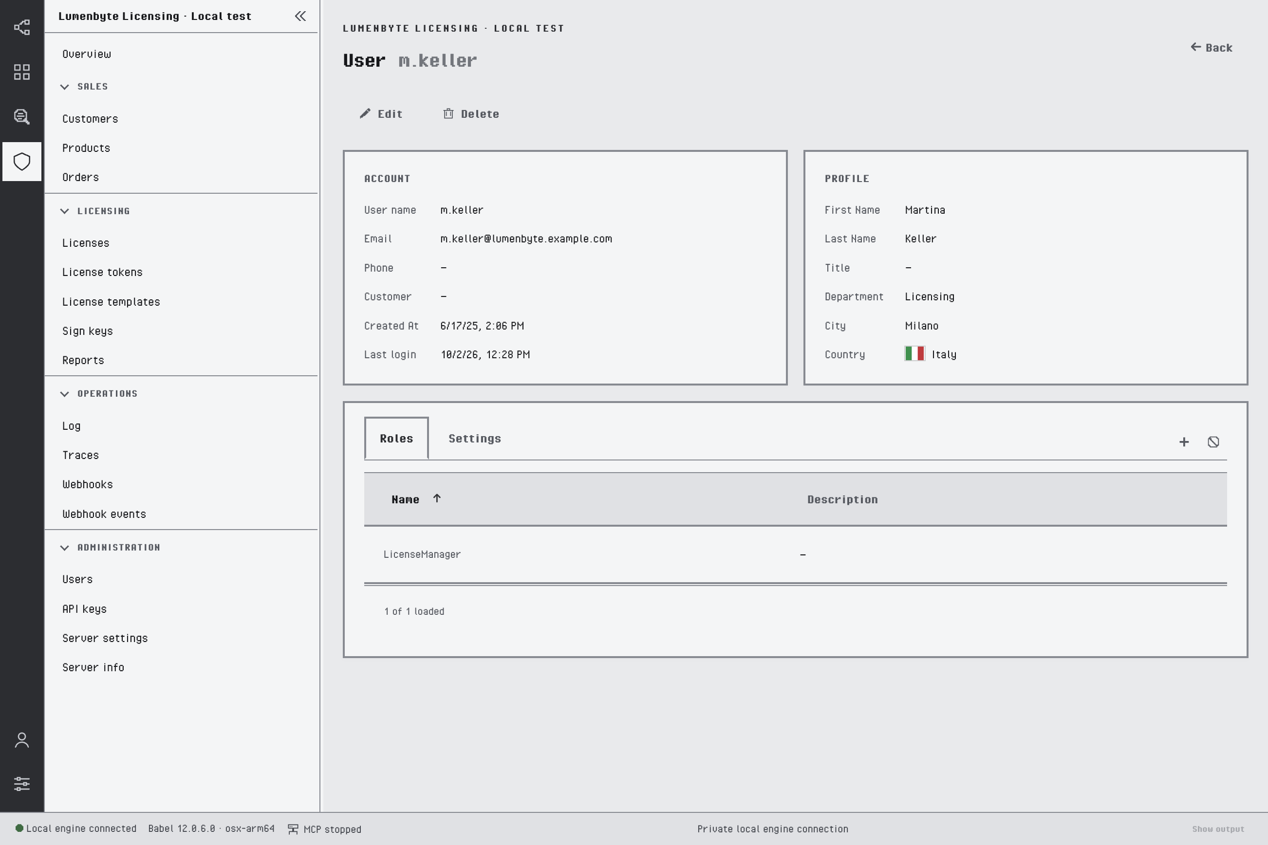 User detail m.keller with the Account and Profile cards and the Roles tab showing the LicenseManager role, with the buttons that add and remove a role, next to the Settings tab