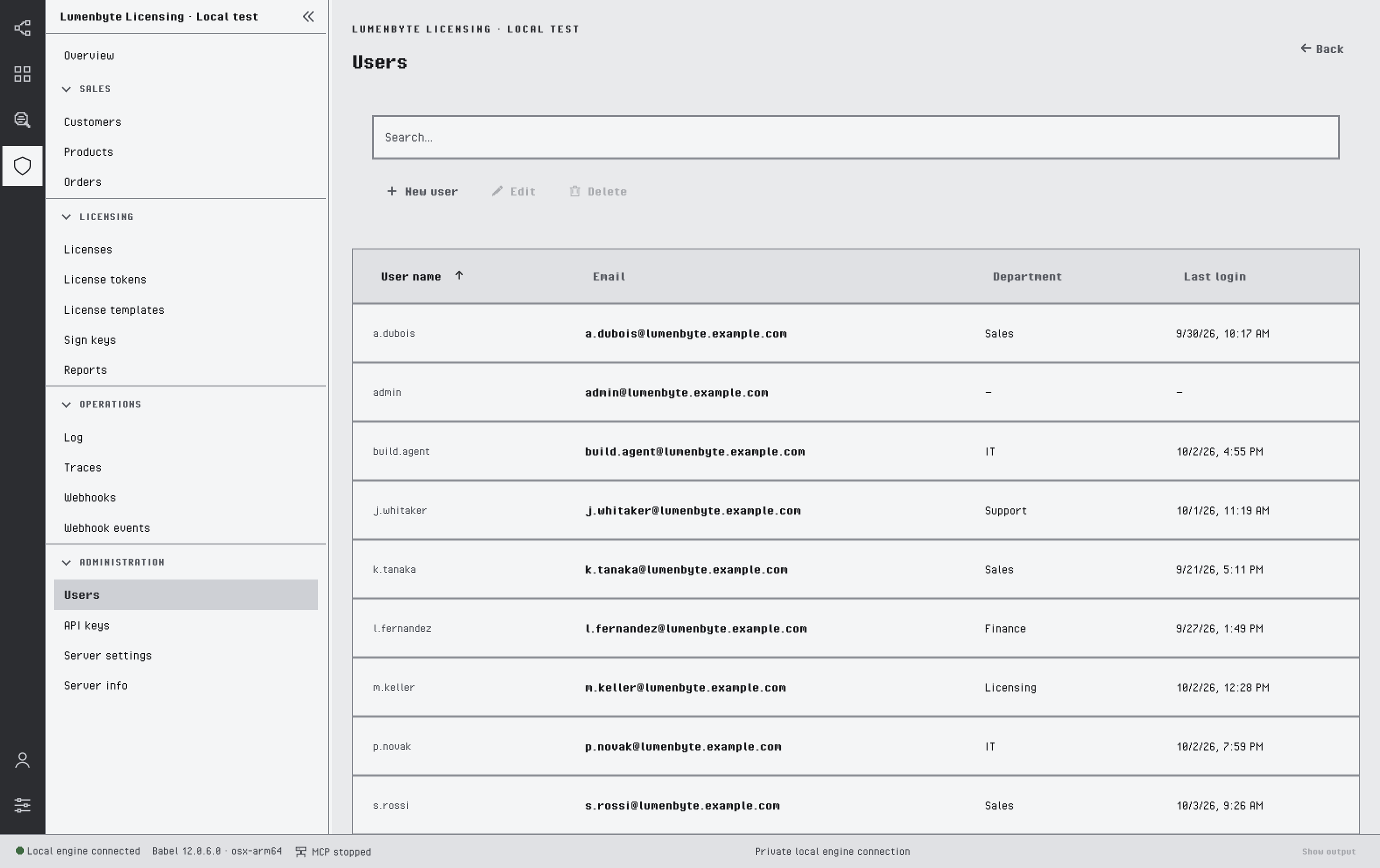 Users list with nine fictional users with lumenbyte.example.com email addresses, department and last login, and the New user, Edit and Delete buttons