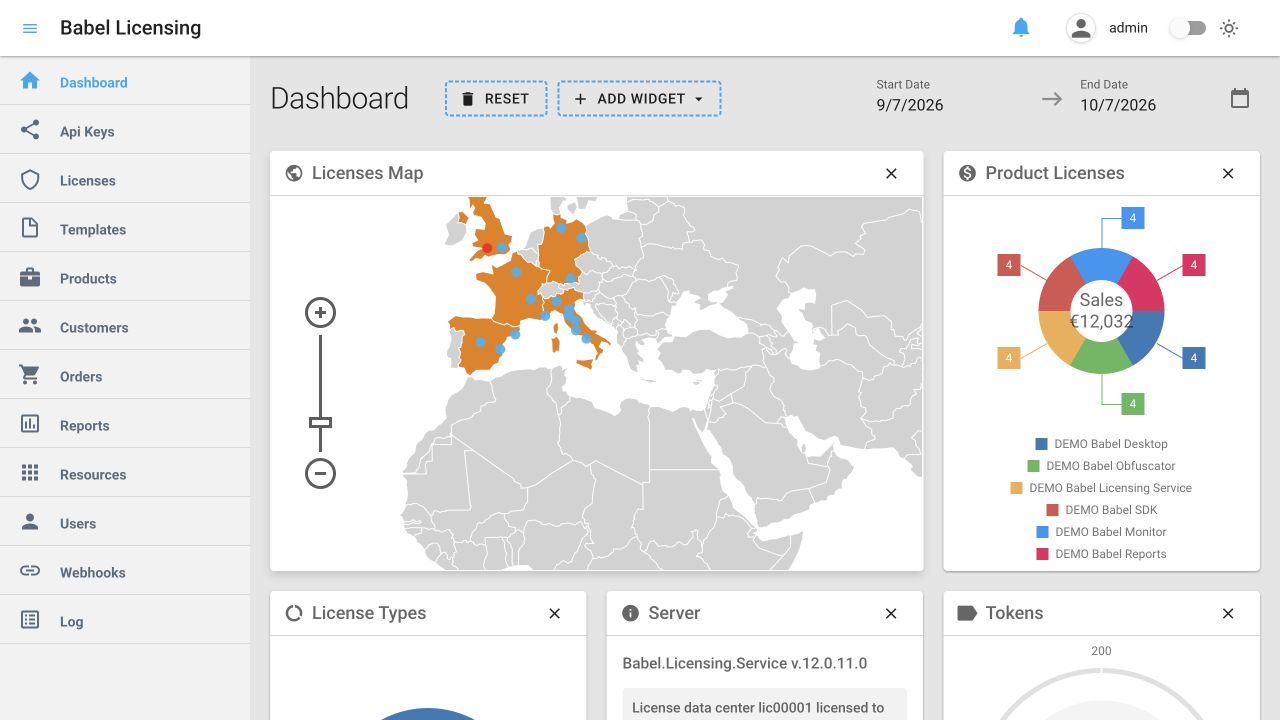 Mapa de actividad de licencias — datos ficticios