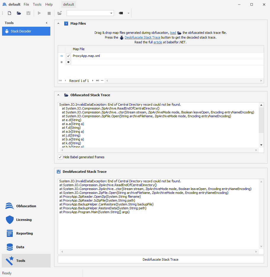 Stack Decoder with Hide Babel generated frames ticked, showing only the source call chain