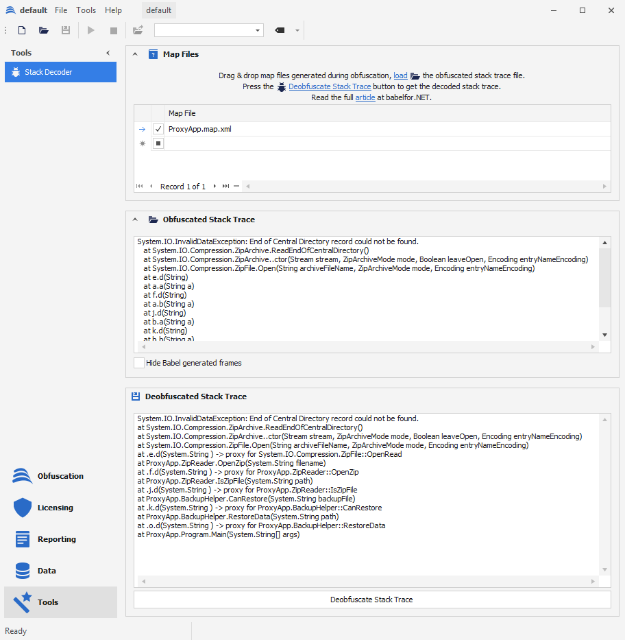 Stack Decoder showing proxy frames annotated with the method each bridge calls